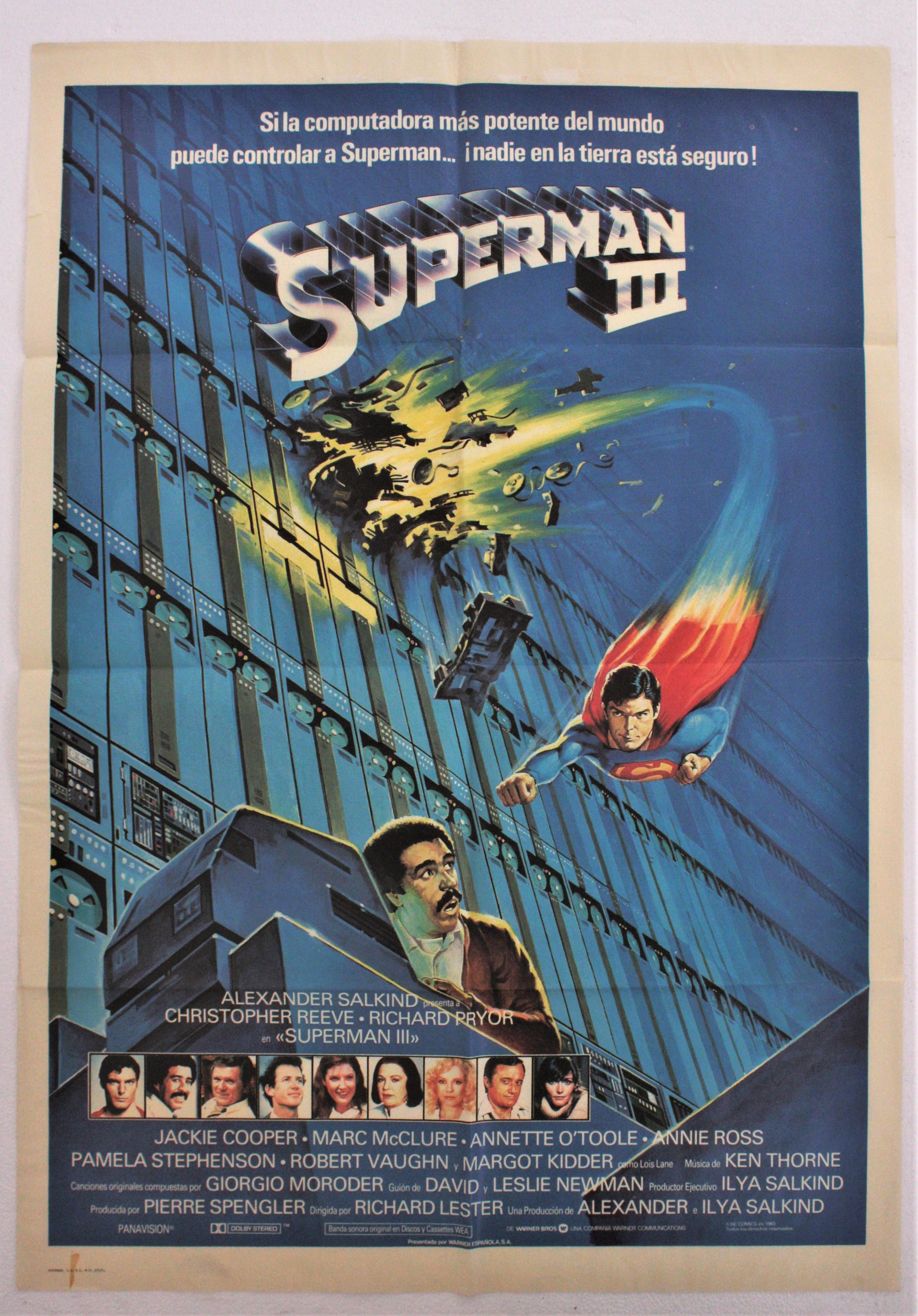 Affiche originale non encadrée du film espagnol Superman III, 1983
Imprimé par Novograf
Bon état avec quelques déchirures et marques de pliage.
Mesures : 100 cm H x 70 cm L  // 39,37 in H x 27,55 in W