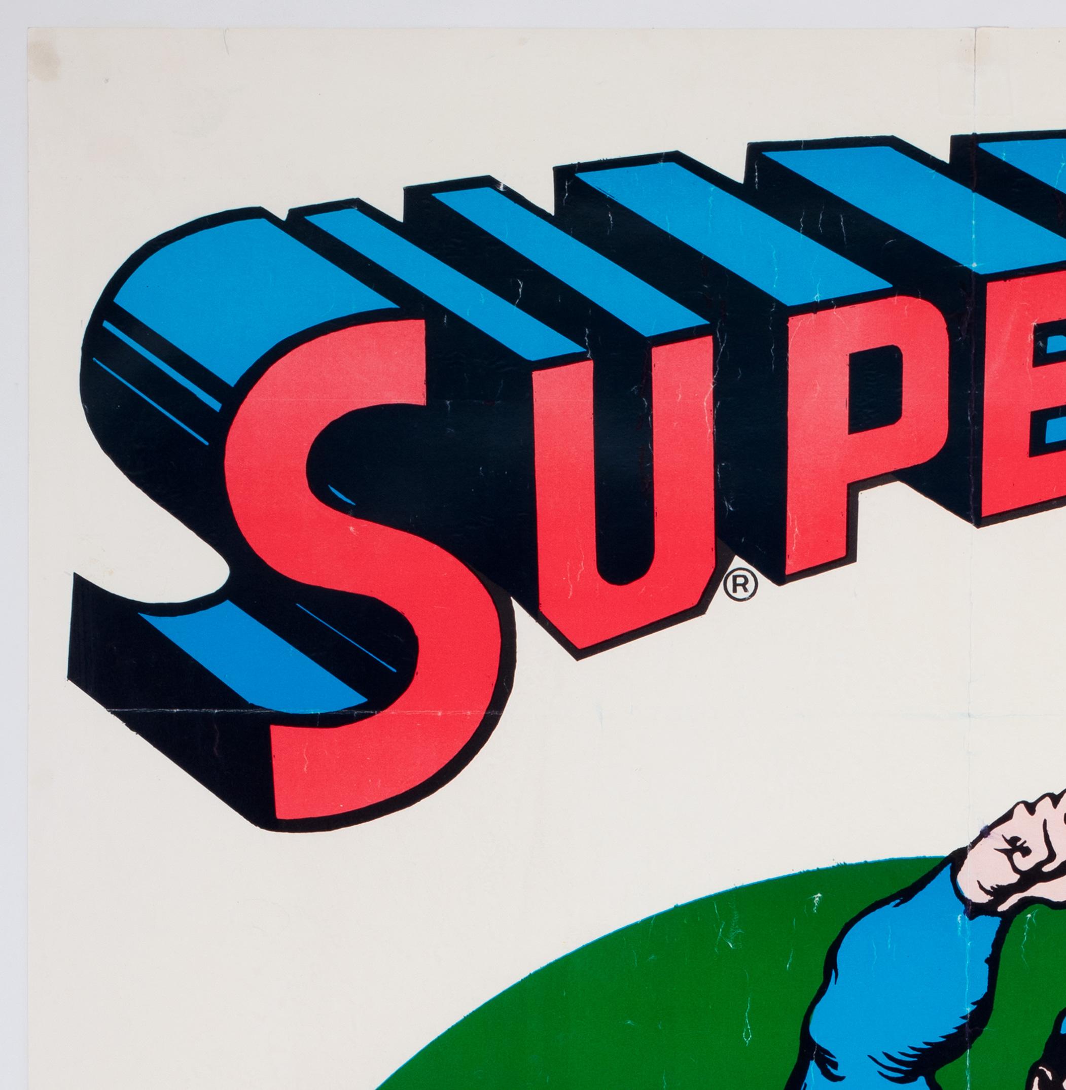 Fabulous original 1970s Superman poster. Printed in Scotland in 1978. Love the colours.

This vintage poster have been professionally linen-backed and is sized 24 1/2 x 37 inches (27 x 39 1/2 including the linen-backing). It will be sent rolled