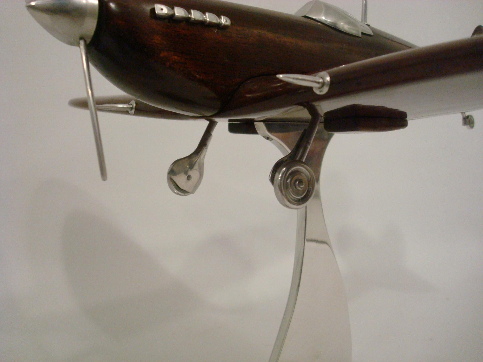 Mid-Century Modern Supermarine Spitfire Wooden & Aluminum Airplane Desk Model, Asprey, ca 1940's