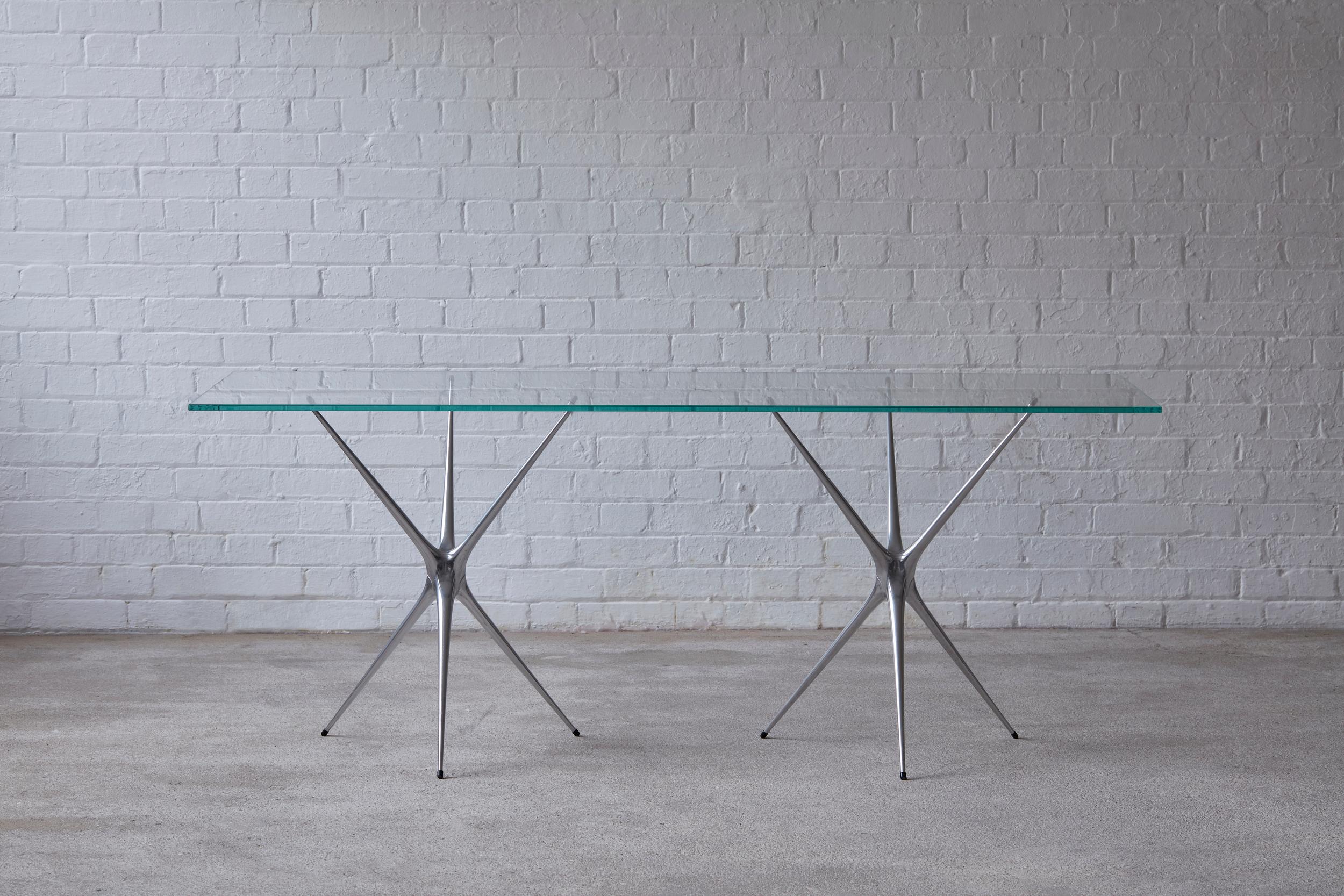 British Supernova, Recycled Cast Aluminum Black Trestles & Glass Desk by Made in Ratio For Sale