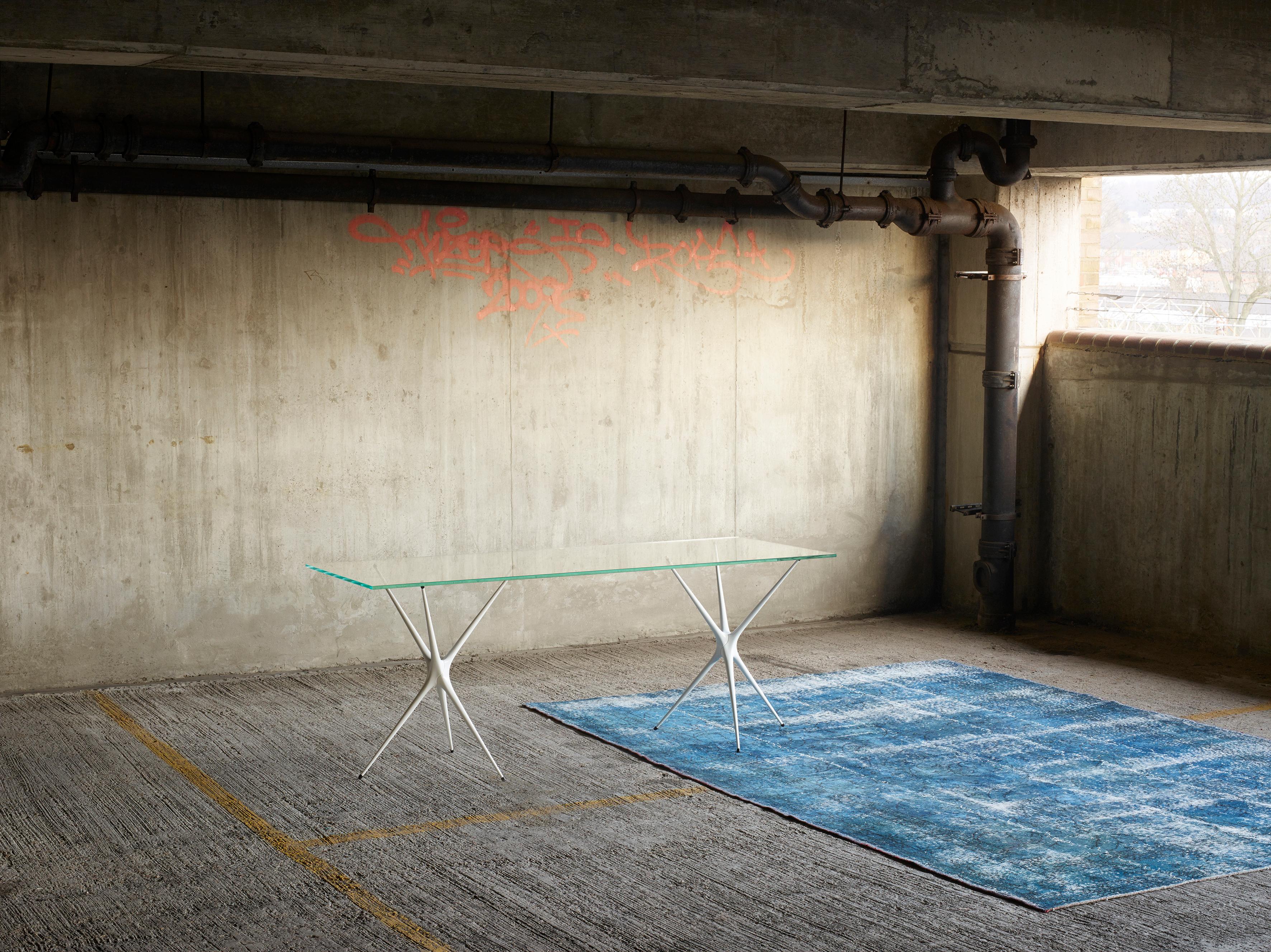 Contemporary Supernova, Recycled Cast Aluminum Trestle Table Legs & Glass by Made in Ratio For Sale