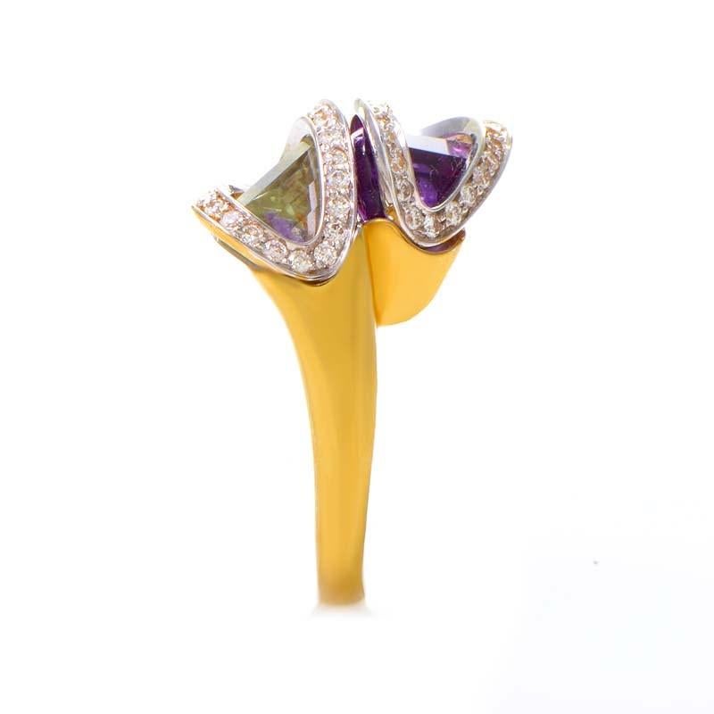 Superoro 18 Karat Yellow Gold Diamond and Green and Purple Amethyst Ring In New Condition In Southampton, PA