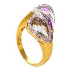 Superoro 18 Karat Yellow Gold Diamond and Green and Purple Amethyst Ring