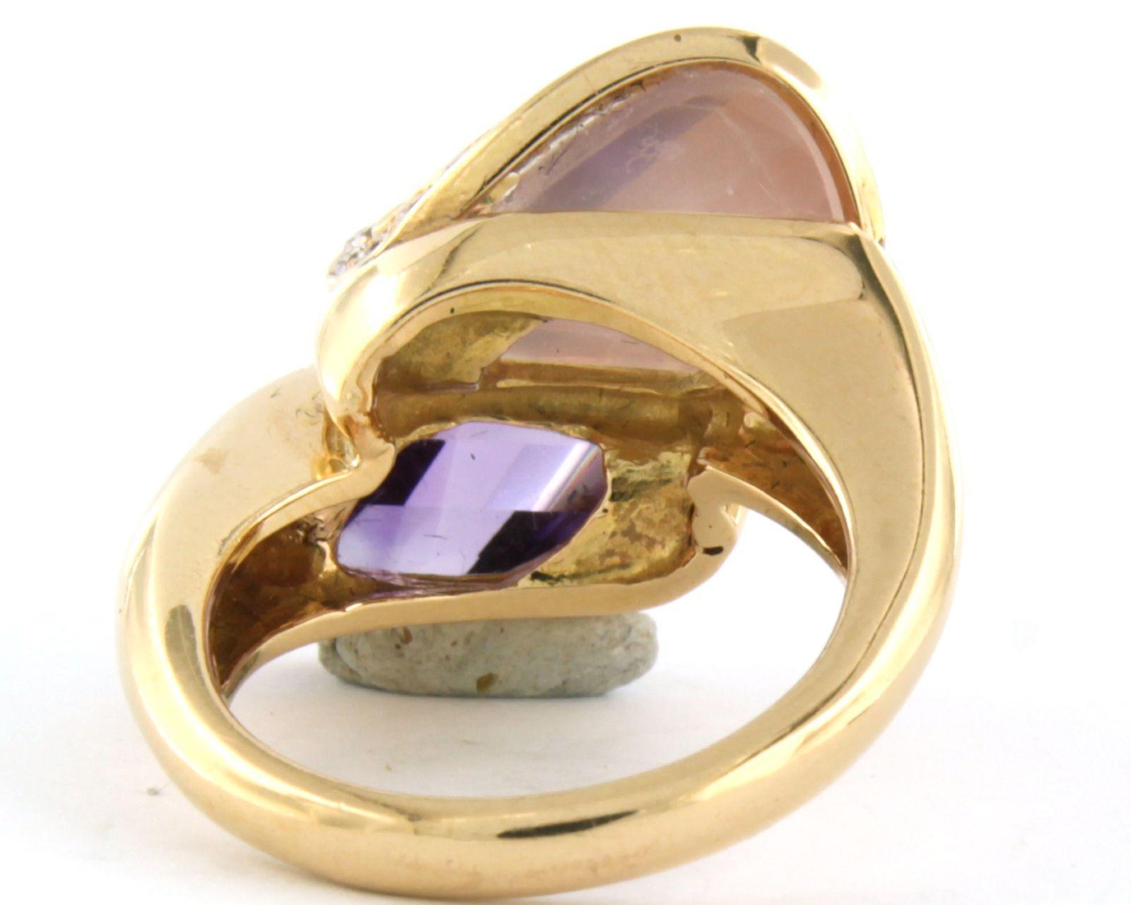 Modern Superoro 18k gold ring with amethyst and pink quartz, and brilliant cut diamond For Sale