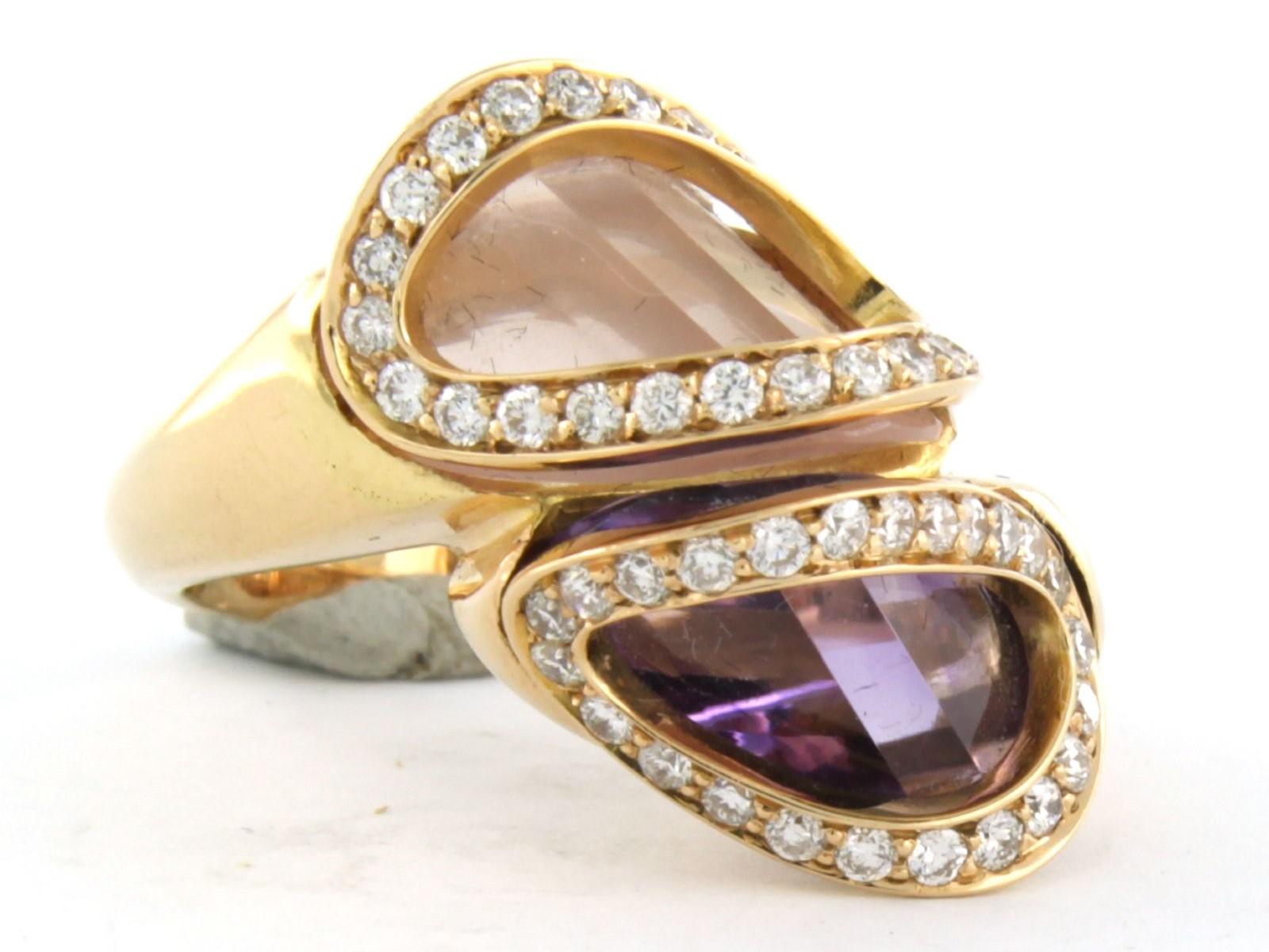 Brilliant Cut Superoro 18k gold ring with amethyst and pink quartz, and brilliant cut diamond For Sale