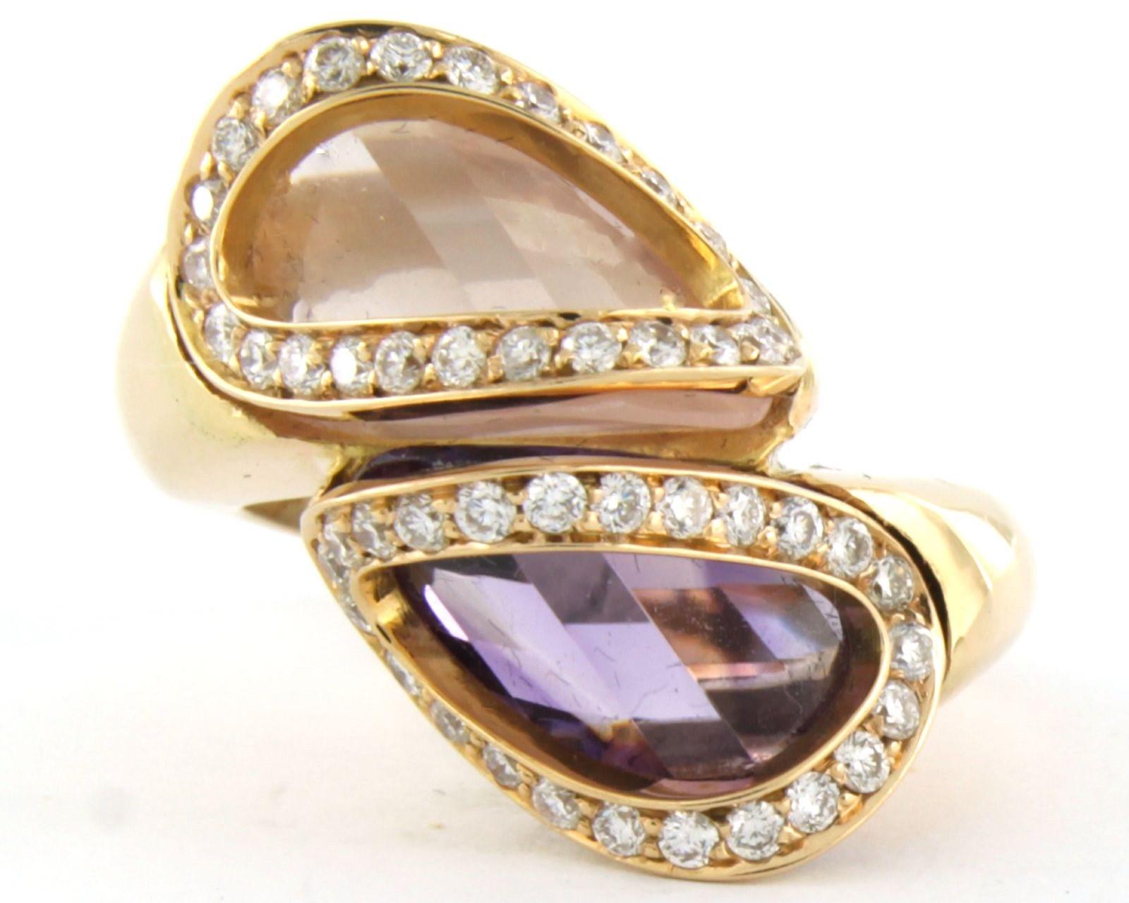 Superoro 18k gold ring with amethyst and pink quartz, and brilliant cut diamond In Excellent Condition For Sale In The Hague, ZH