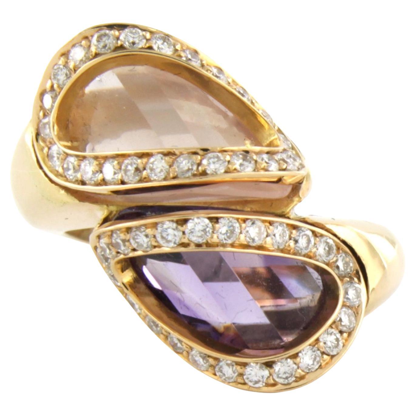Superoro 18k gold ring with amethyst and pink quartz, and brilliant cut diamond