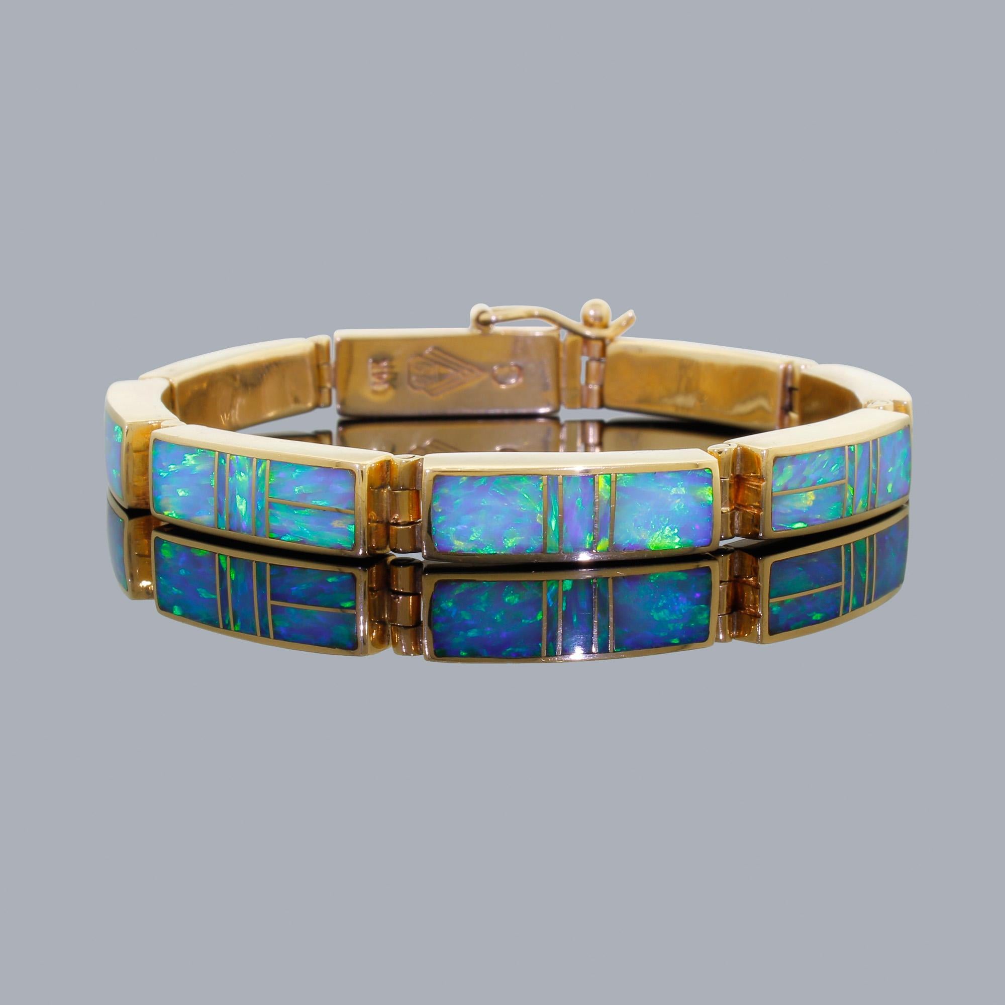 SuperSmith Tim Charlie 14K Gold Link Bracelet Navajo Blue Opal Inlay 27.1 Grams In Good Condition In Lauderdale by the Sea, FL