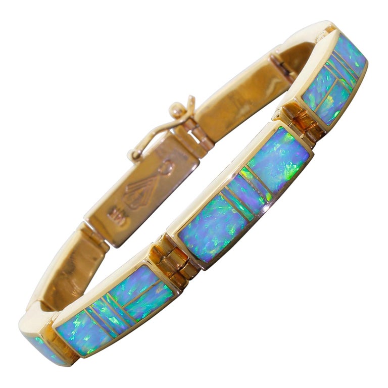 SuperSmith Tim Charlie 14K Gold Link Bracelet Navajo Blue Opal Inlay 27