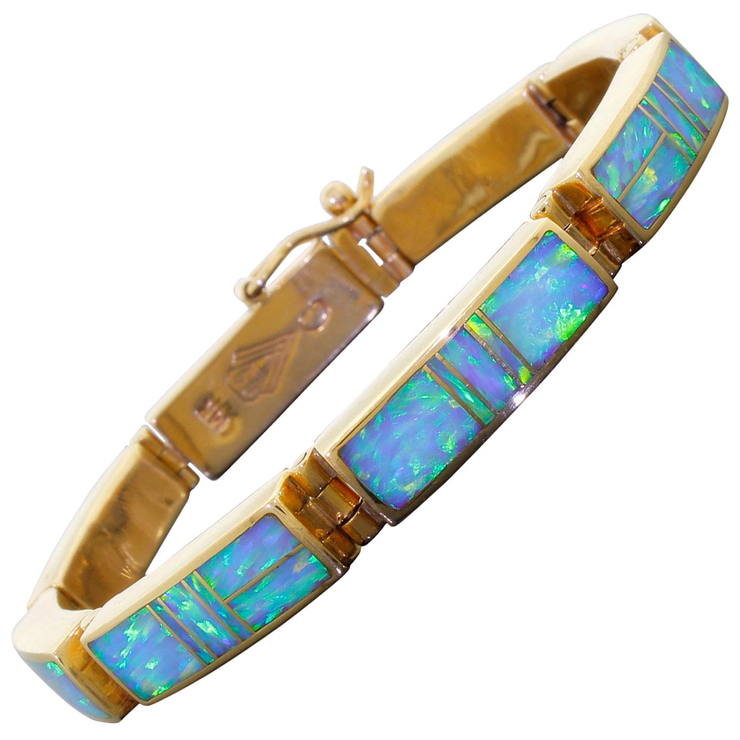 SuperSmith Tim Charlie 14K Gold Link Bracelet Navajo Blue Opal Inlay 27.1 Grams