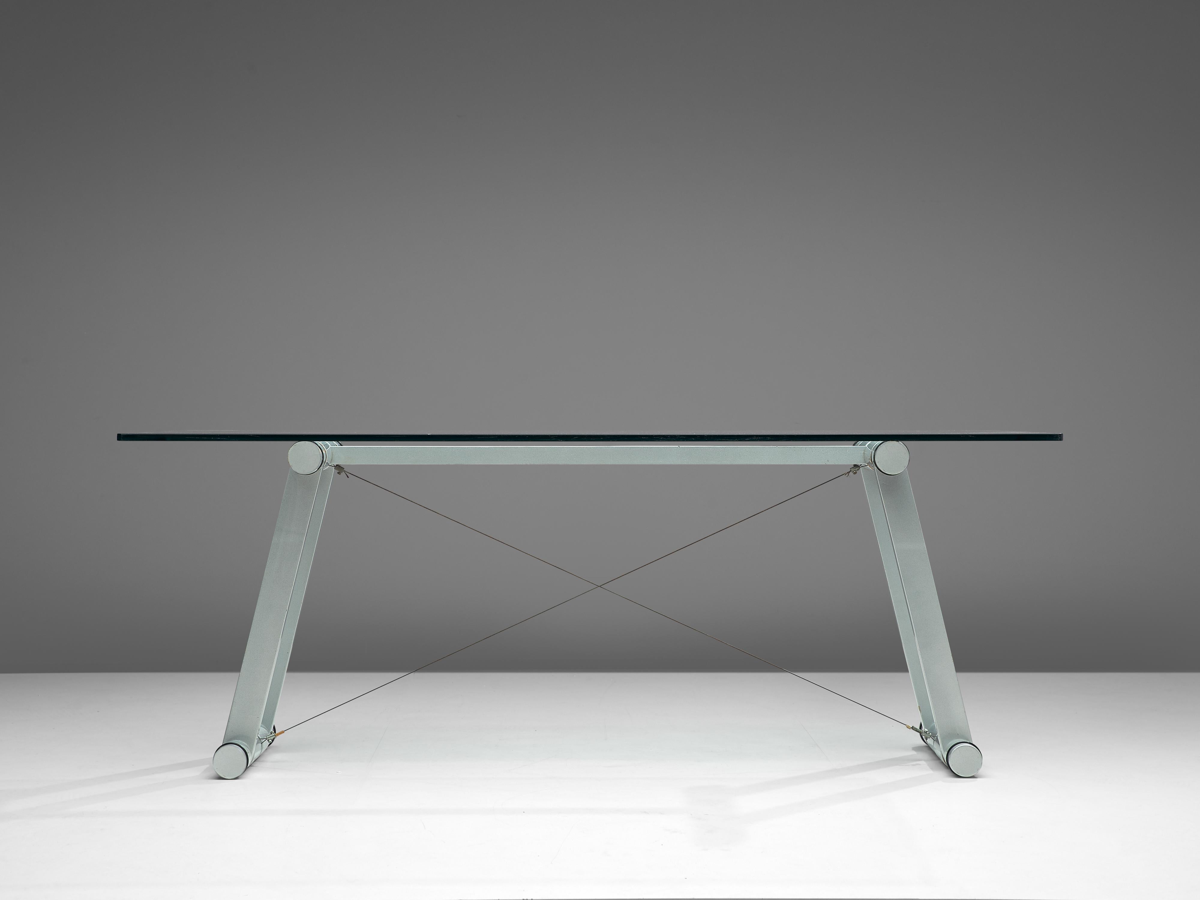 italien Table de salle à manger Teso avec plateau en verre et base en bois métallique Superstudio en vente
