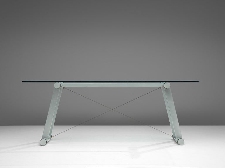 Italian Superstudio Dining Table 'Teso' with Glass Top and Metal Base For Sale