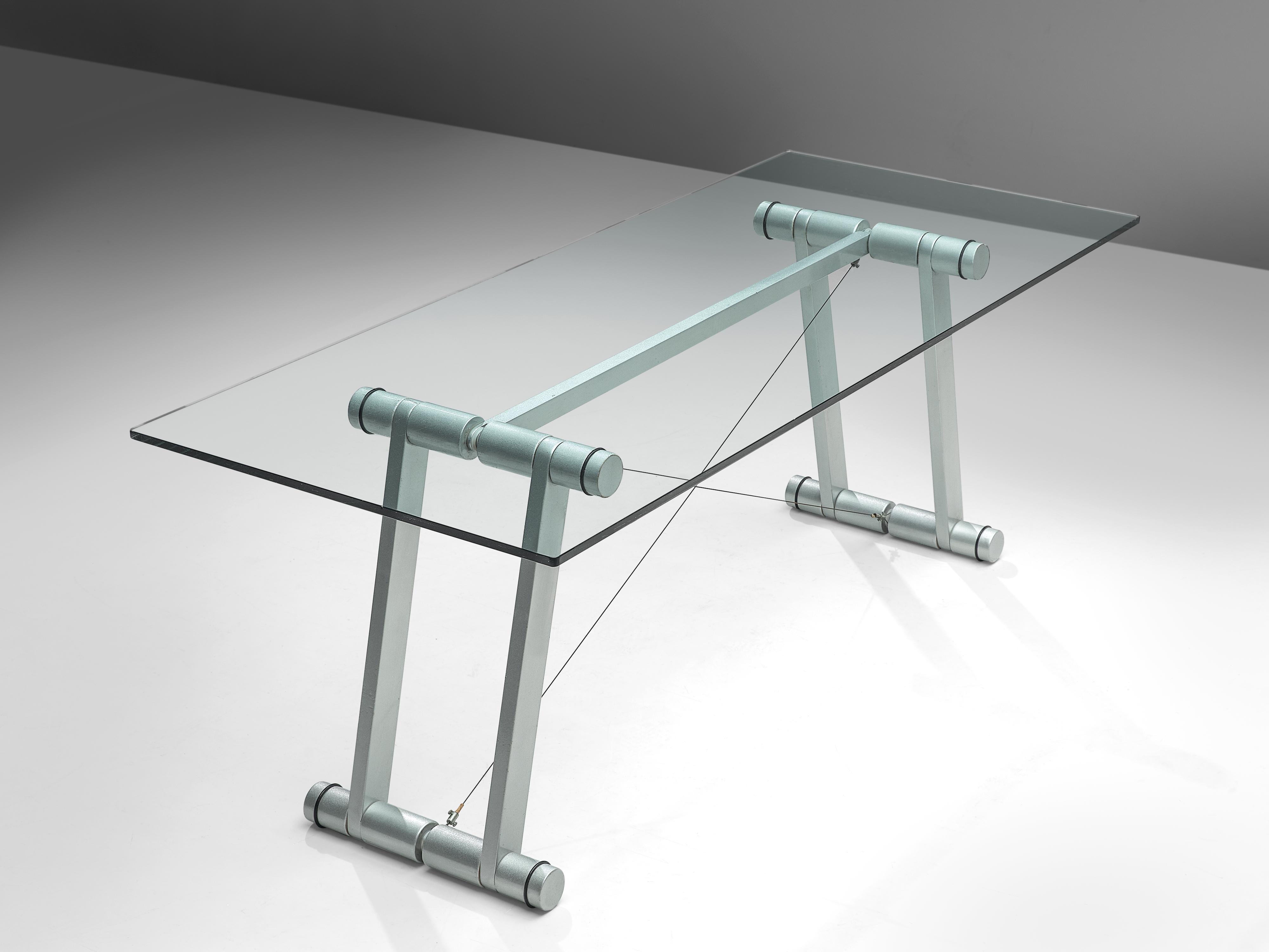 Italian Superstudio Dining Table 'Teso' with Glass Top and Metallic Wooden Base For Sale