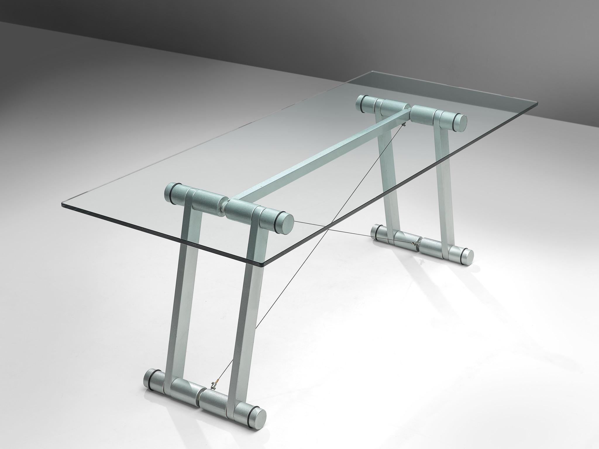 Italian Superstudio Dining Table with Glass Top and Metallic Base