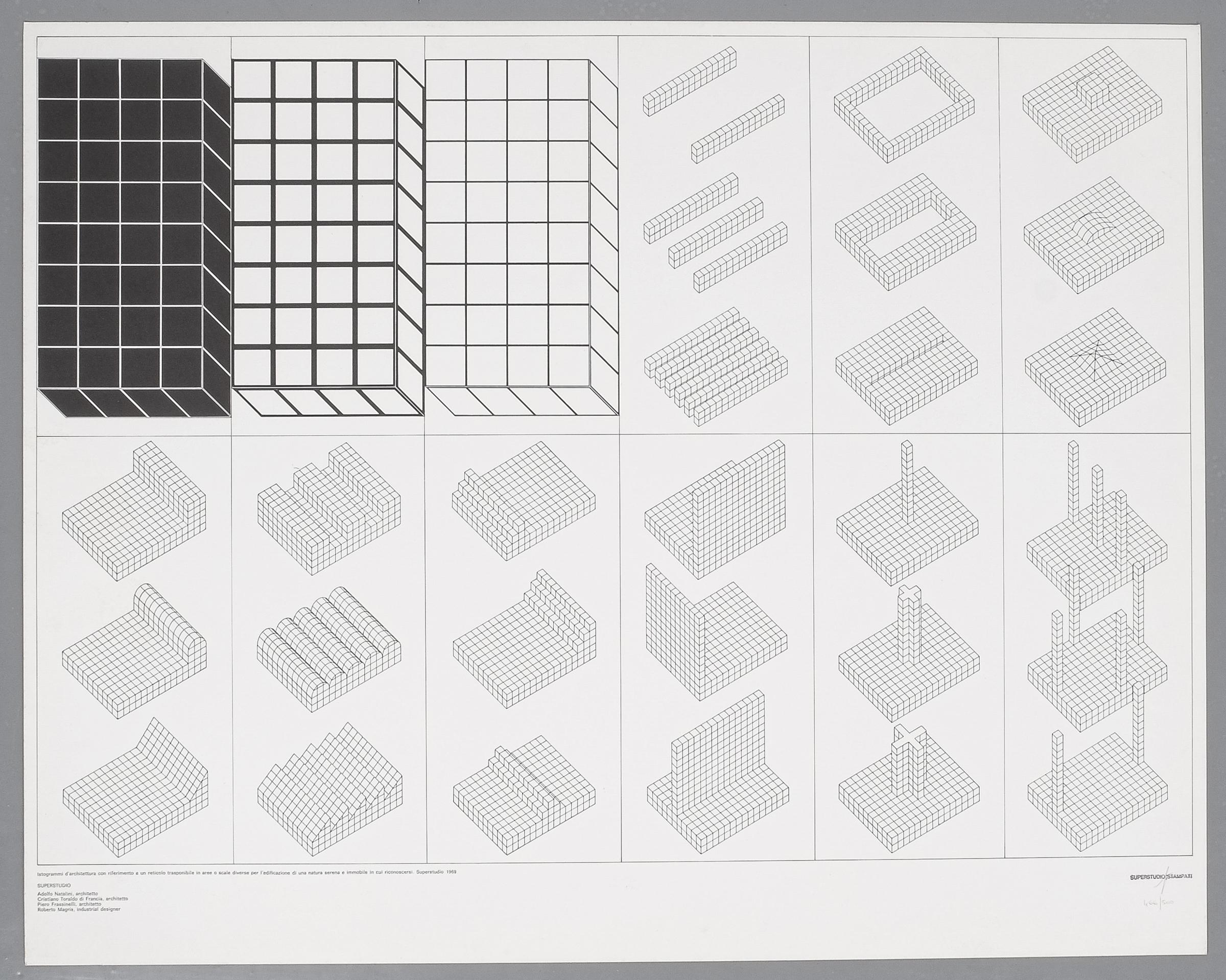 Superstudio Lithograph Istogrammi d'architettura 466/500, Italy, 1969. Edizioni Plura.
Lithograph on paper depicting architectural histograms with reference to a lattice that can be transposed into different areas or scales for the construction of