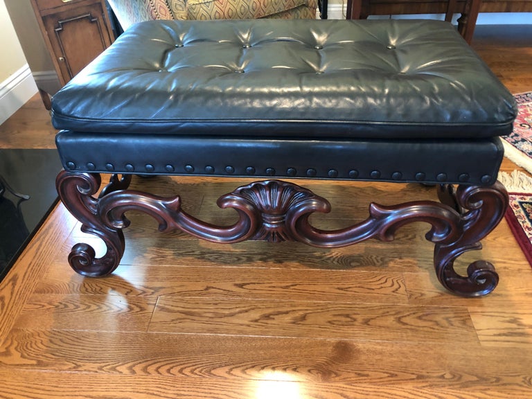 Supple Blue Leather Tufted Bench With Scrolly Shell Motif Mahogany