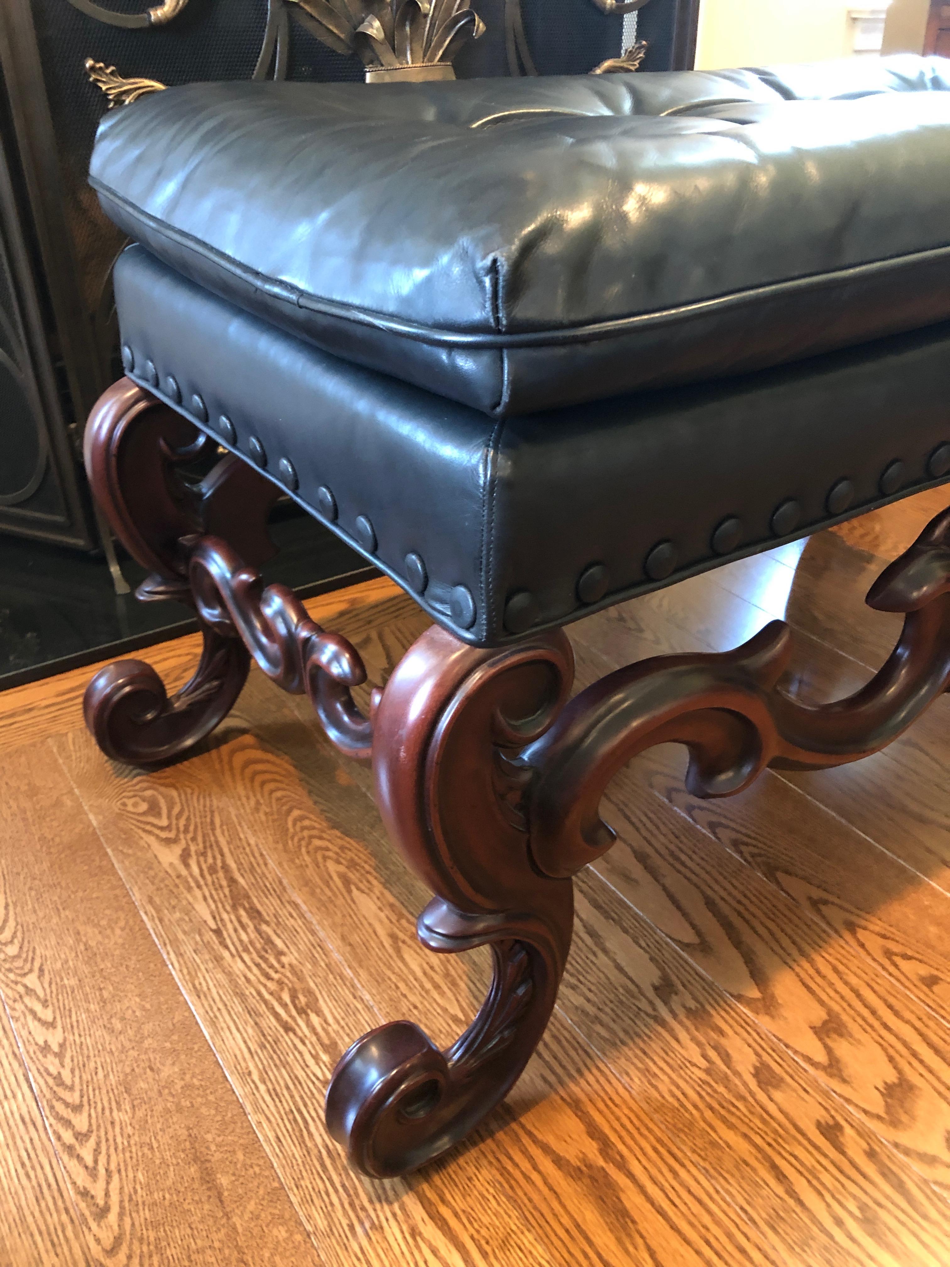 North American  Baker Furniture Blue Leather Bench with Scrolly Shell Motif Mahogany Base