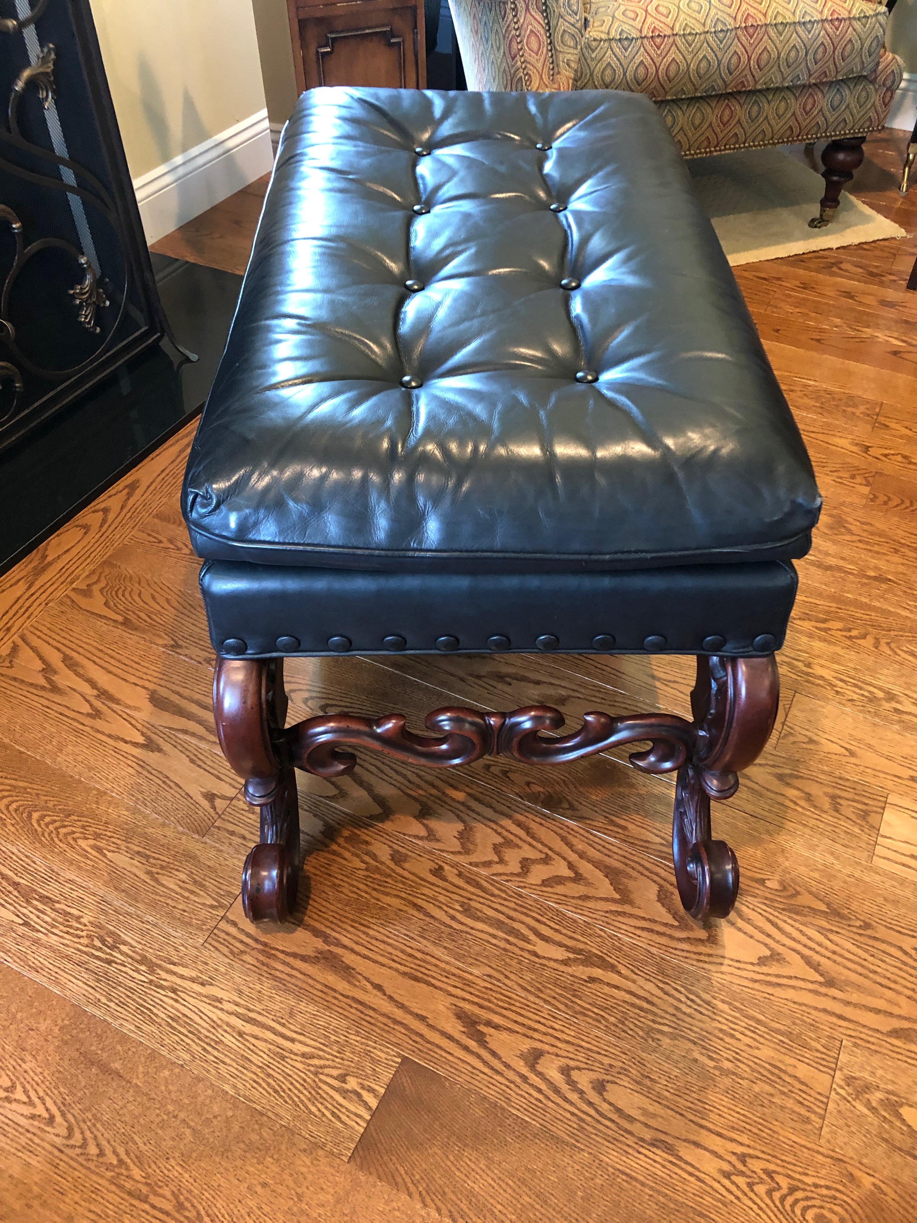 Late 20th Century  Baker Furniture Blue Leather Bench with Scrolly Shell Motif Mahogany Base
