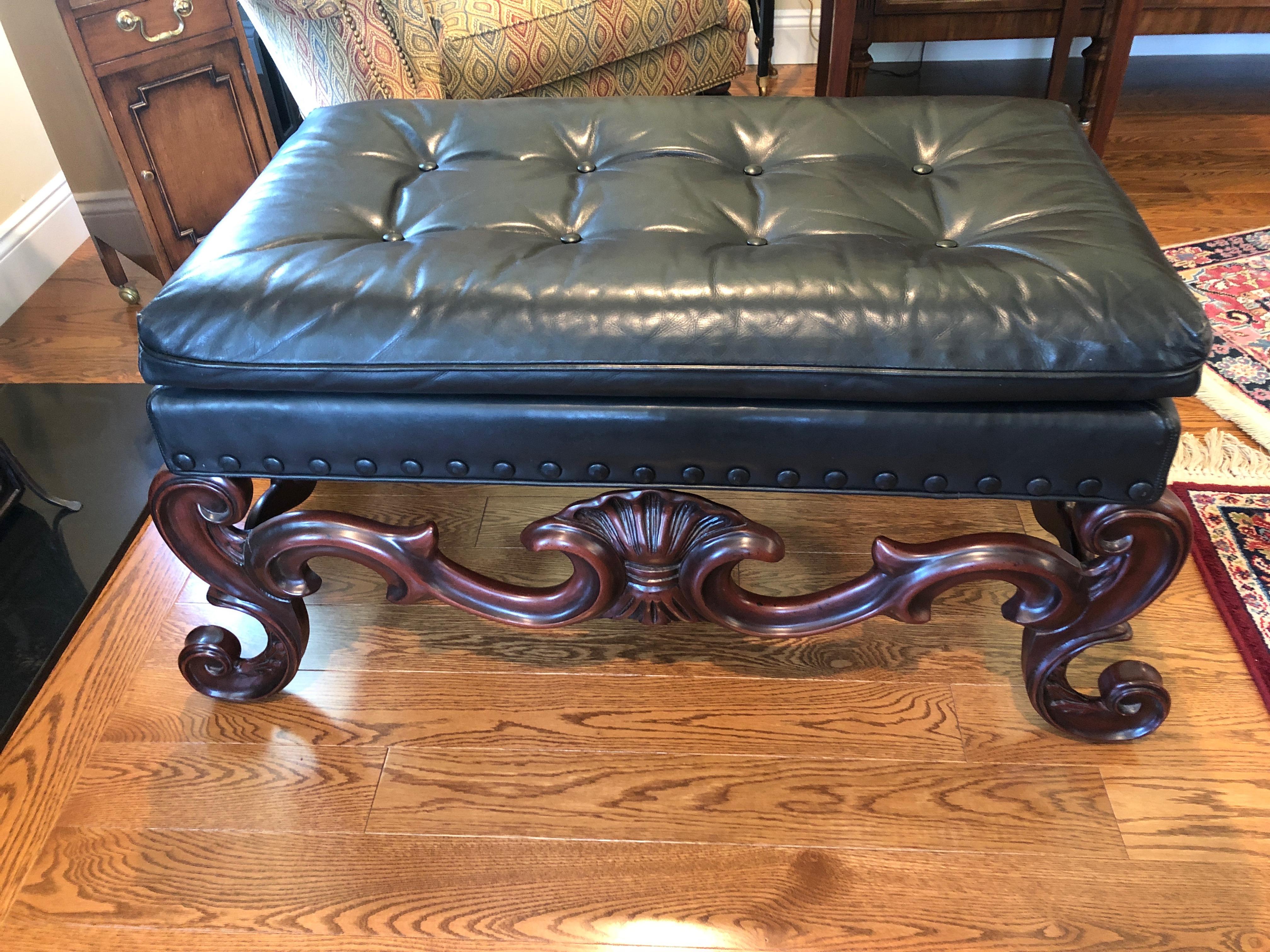  Baker Furniture Blue Leather Bench with Scrolly Shell Motif Mahogany Base 2