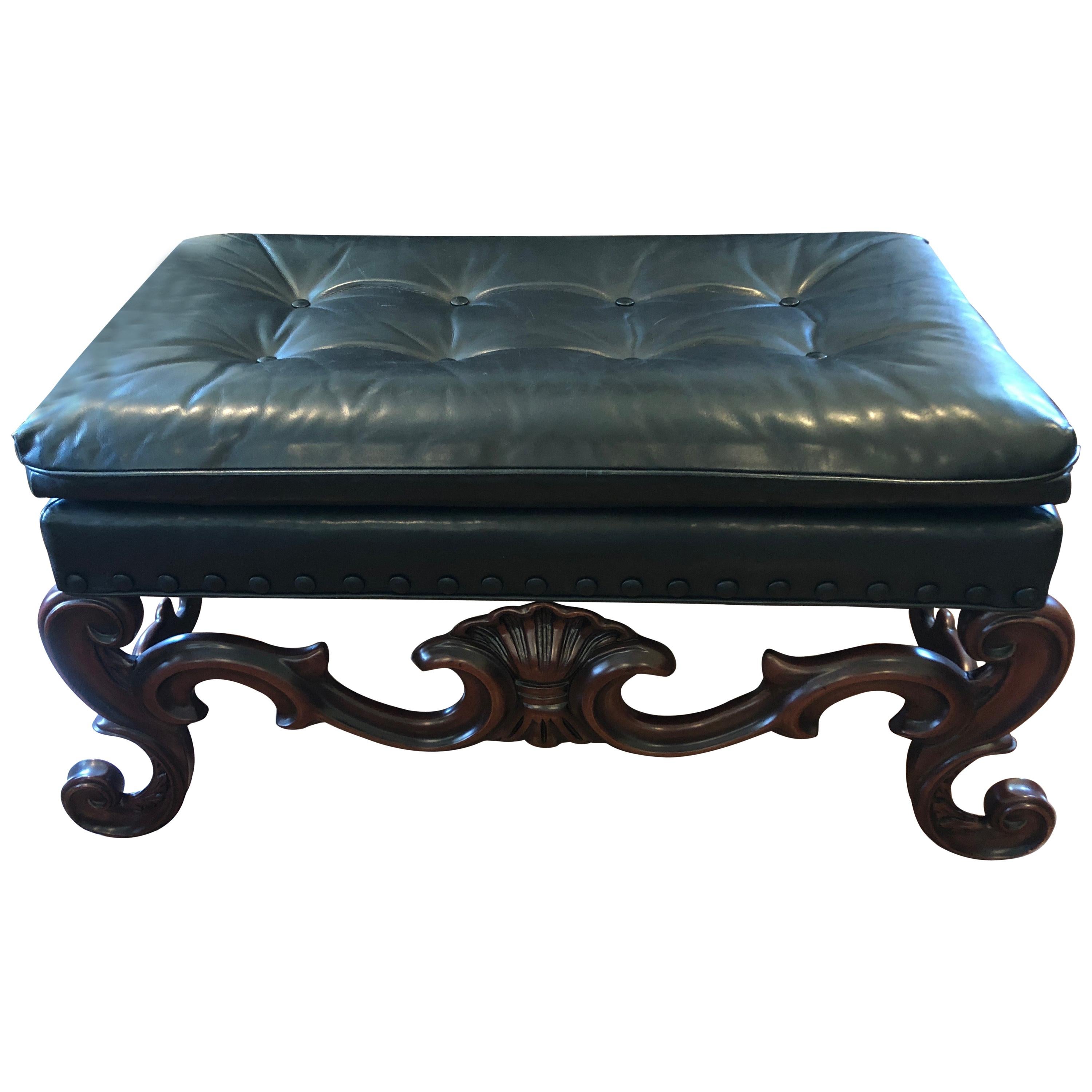 Baker Furniture Blue Leather Bench With, Blue Leather Bench