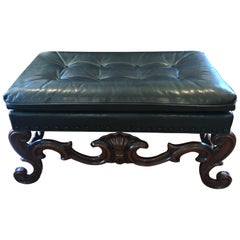  Baker Furniture Blue Leather Bench with Scrolly Shell Motif Mahogany Base