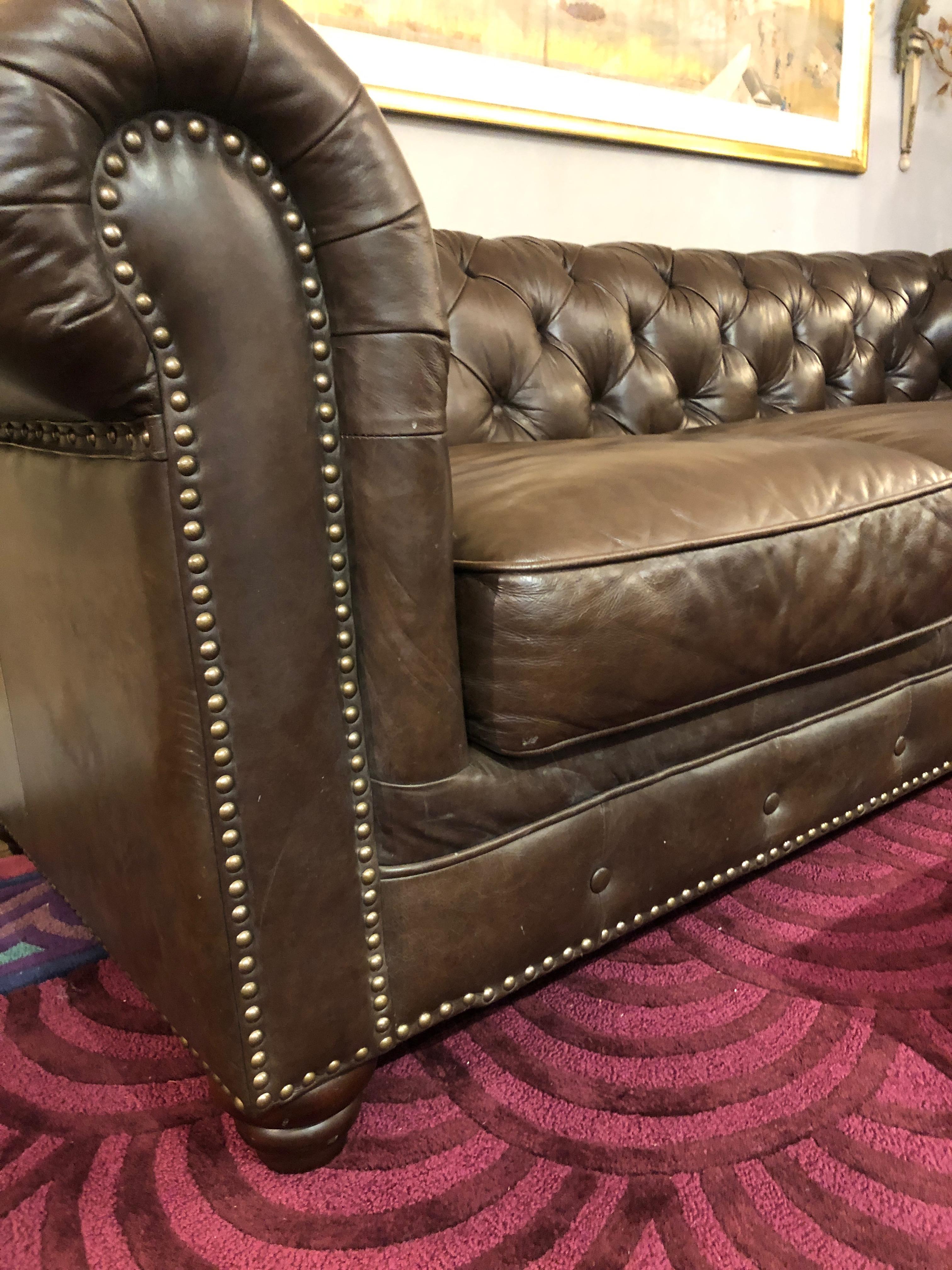 American Supple Brown Leather Chesterfield Style Large Sofa