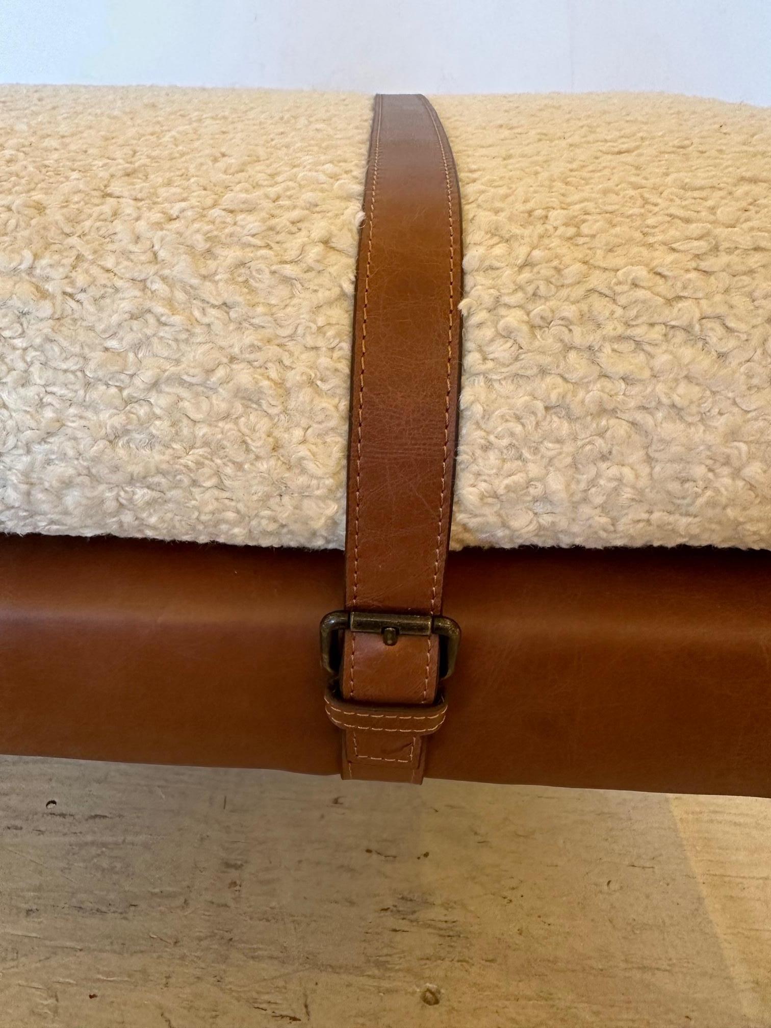 Supple Brown Leather & Nubby Cream Boucle Bench on Black Steel Legs In Good Condition In Hopewell, NJ