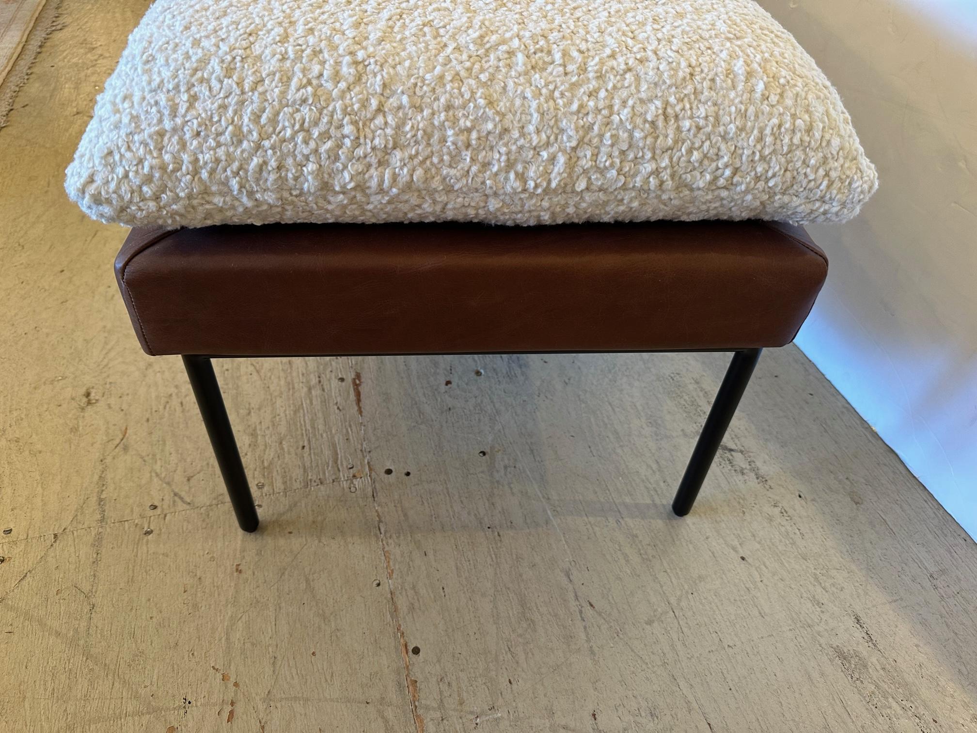 Contemporary Supple Brown Leather & Nubby Cream Boucle Bench on Black Steel Legs