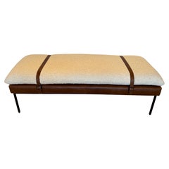 Supple Brown Leather & Nubby Cream Boucle Bench on Black Steel Legs