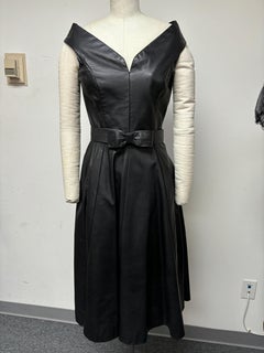 Supple Dark Brown Leather V Portrait Neckline Fit-and-flare Dress with Belt