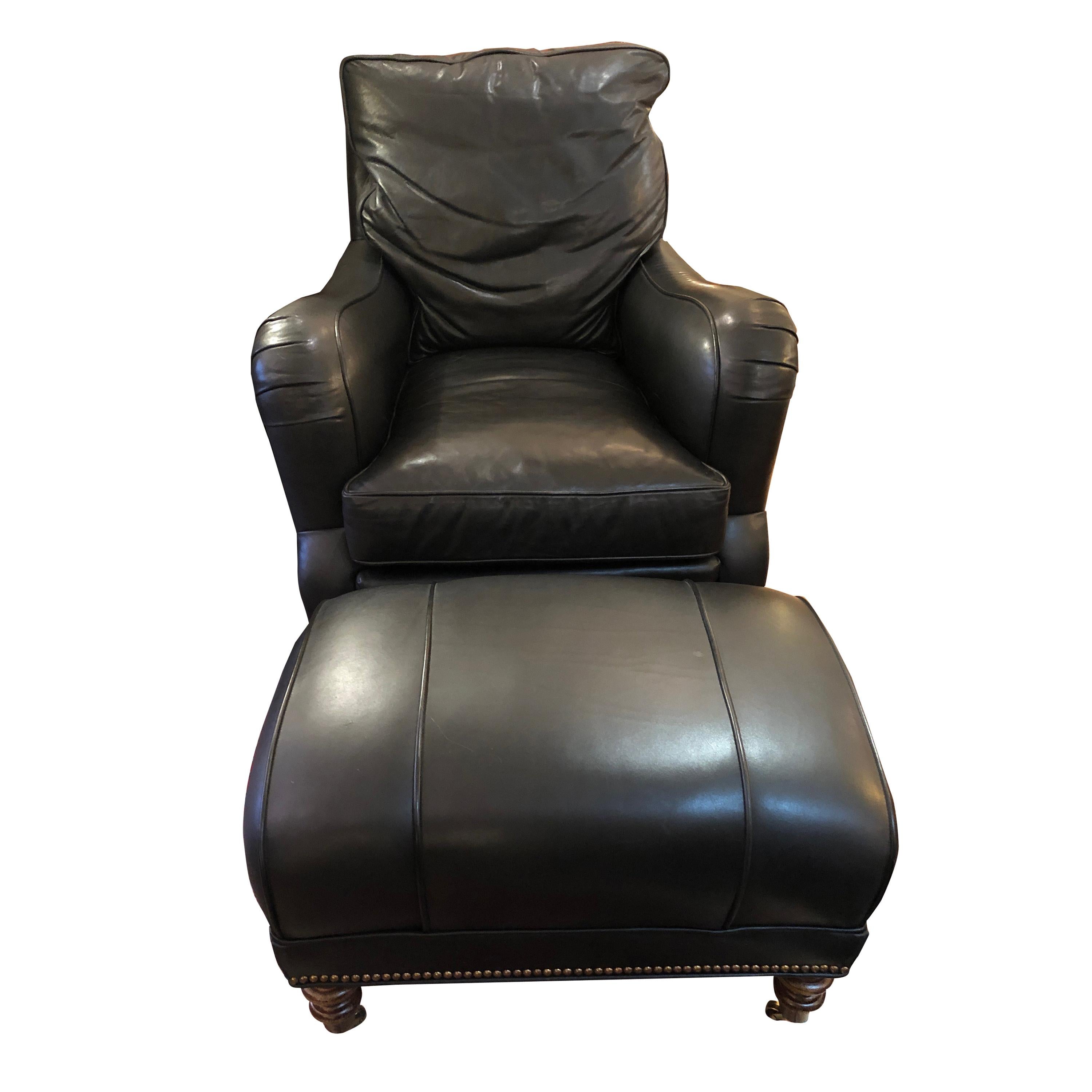 Supple Dark Charcoal Leather Club Chair and Ottoman