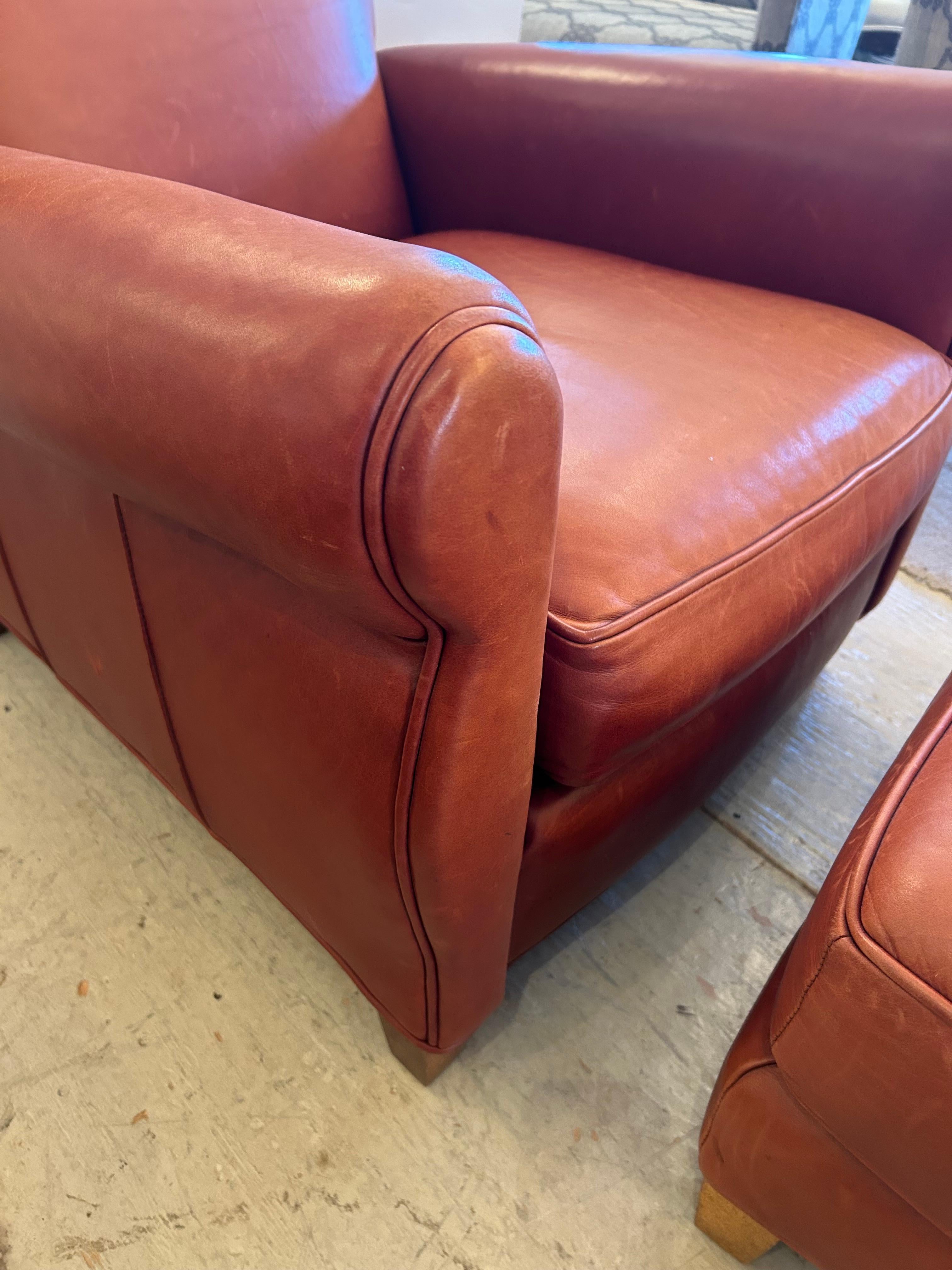 American Supple Leather Art Deco Style Club Chair & Ottoman For Sale
