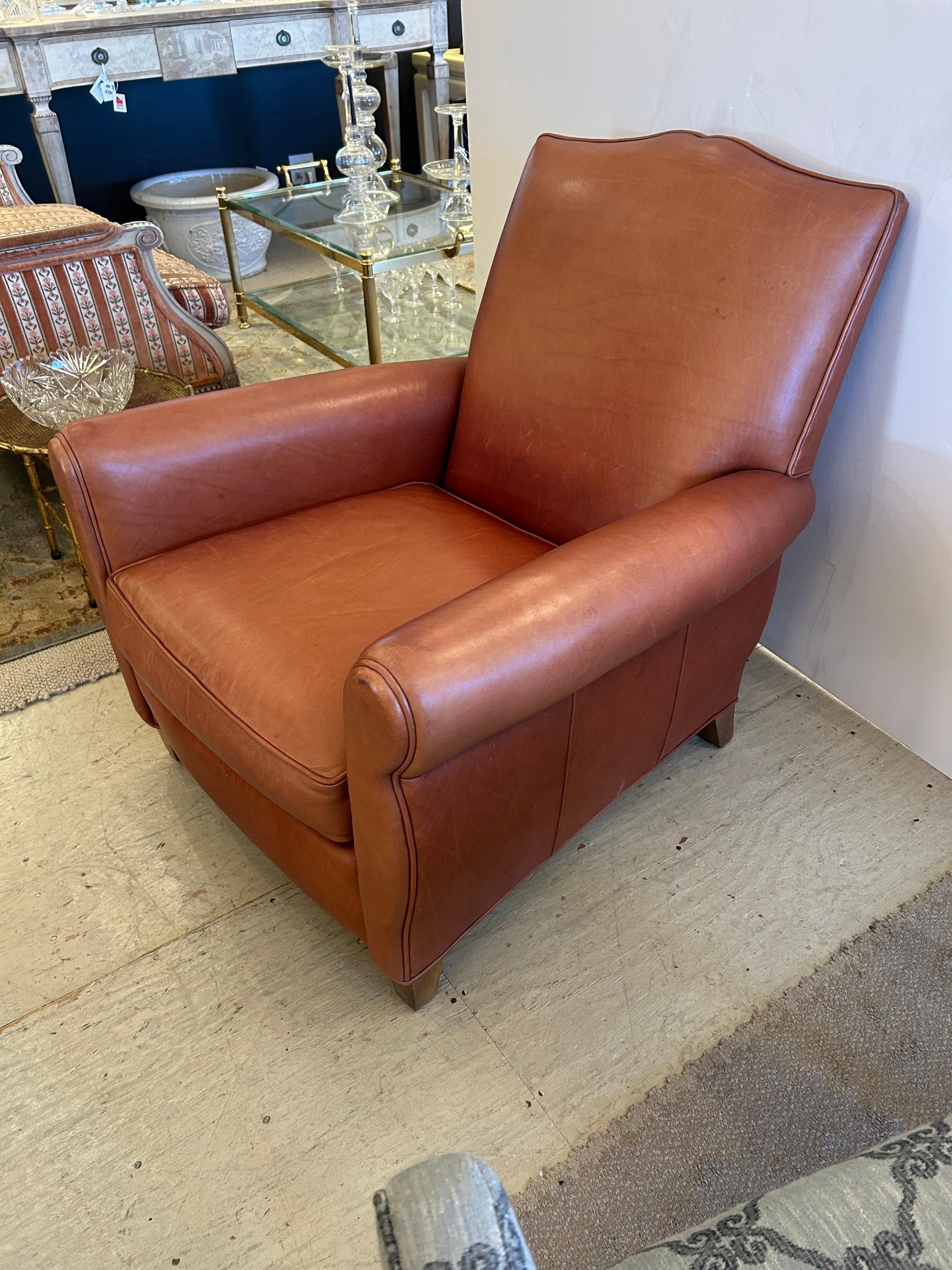 Supple Leather Art Deco Style Club Chair & Ottoman In Good Condition For Sale In Hopewell, NJ