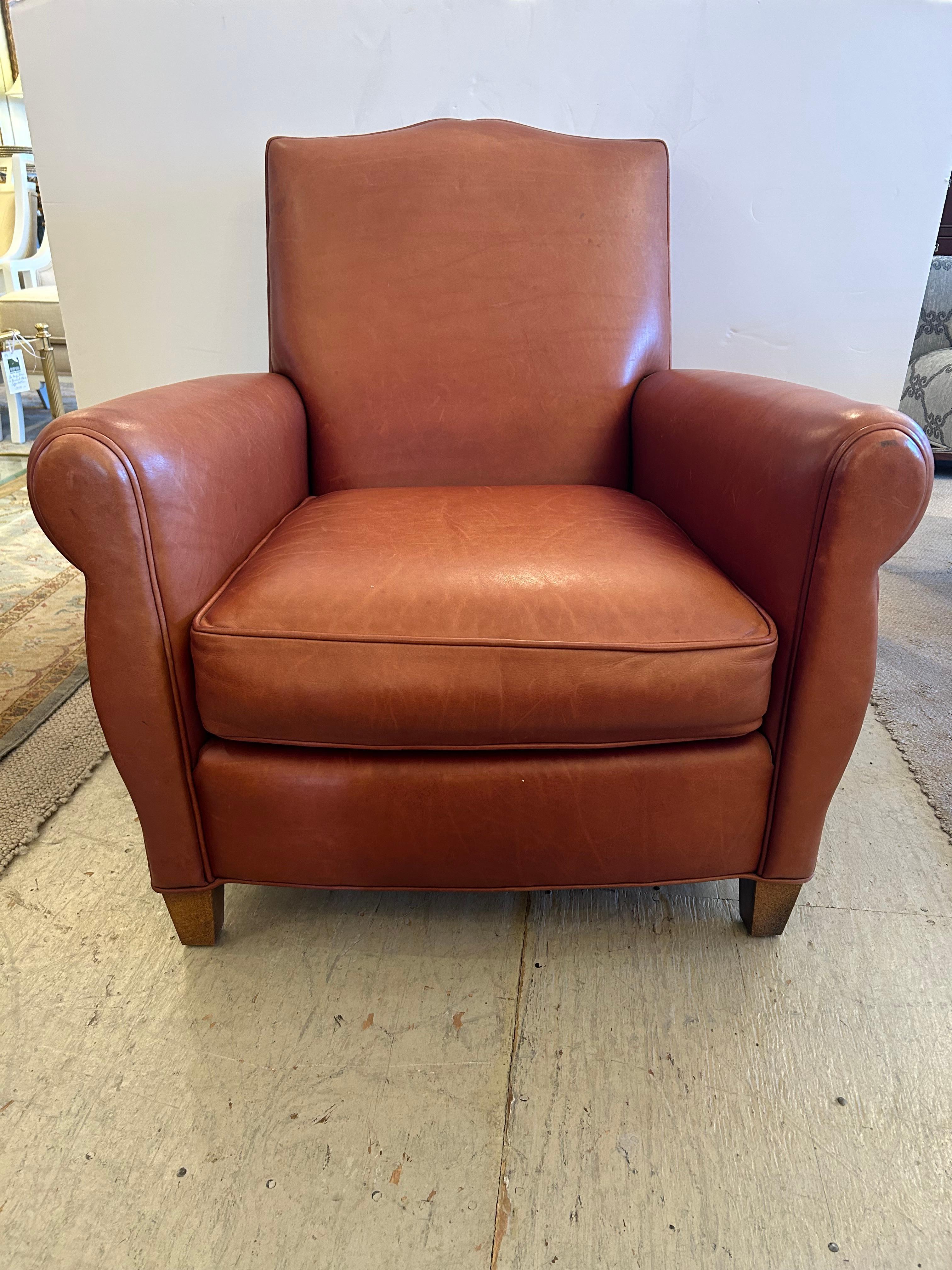 Contemporary Supple Leather Art Deco Style Club Chair & Ottoman For Sale