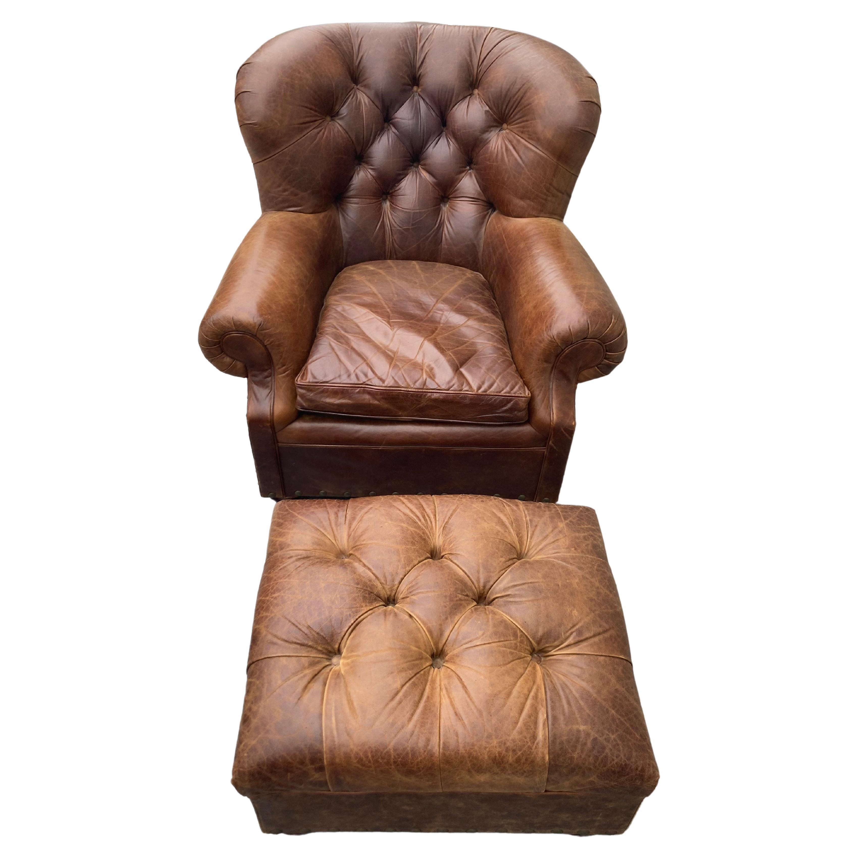 Supple Leather Tufted Club Chair & Ottoman Set