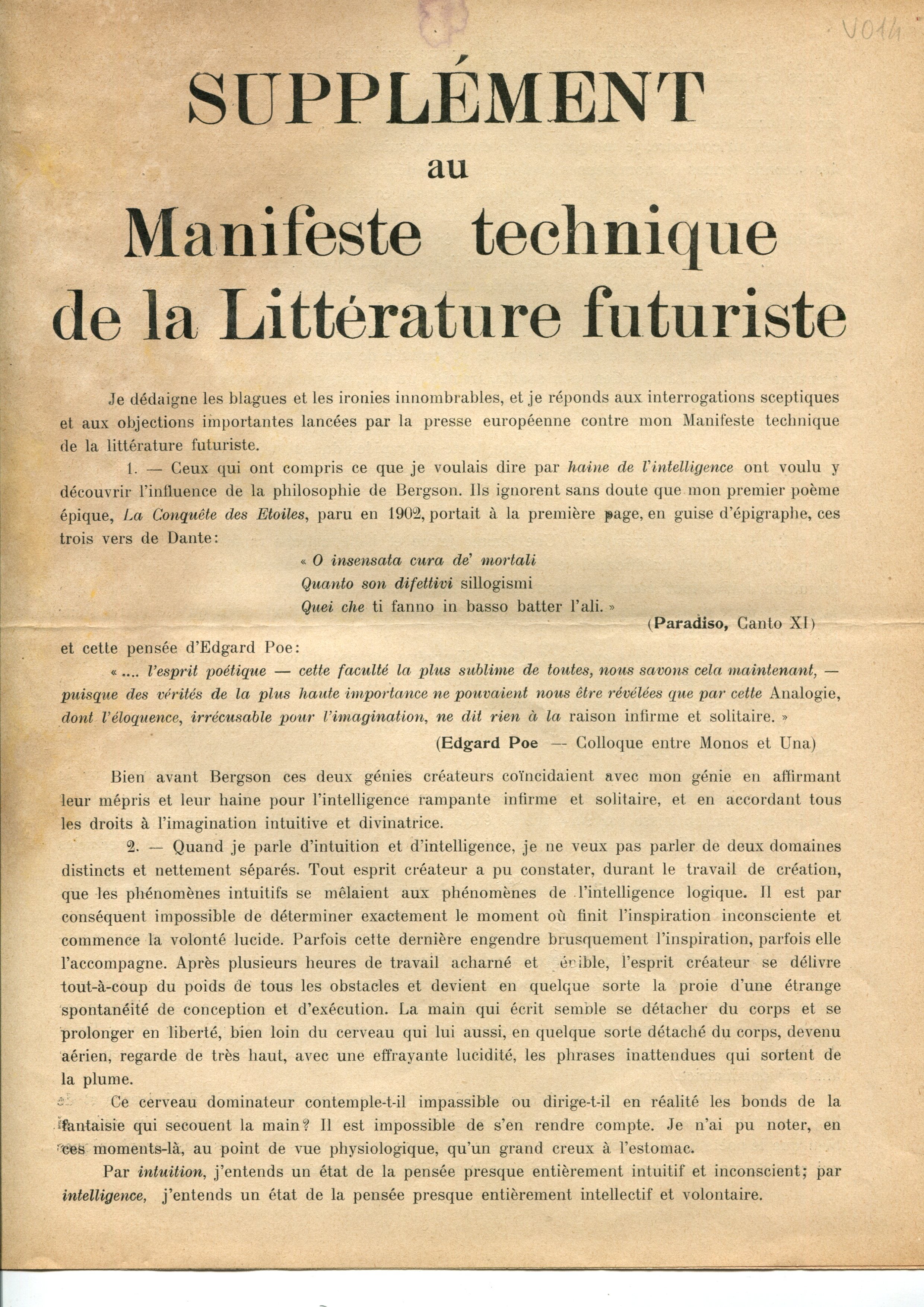Supplément au Manifeste Technique de la Littérature Futuriste, Italy 1912