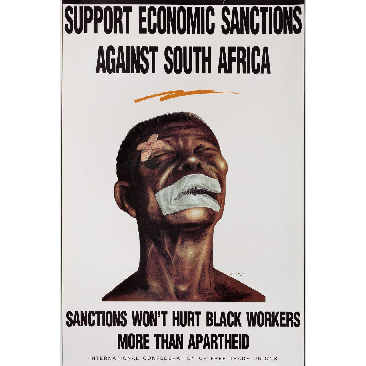 Original 1980s Dutch A2 poster by Gal for Support Economic Sanctions against South Africa (1980s). Very good-fine condition, rolled. Please note: the size is stated in inches and the actual size can vary by an inch or more.
 