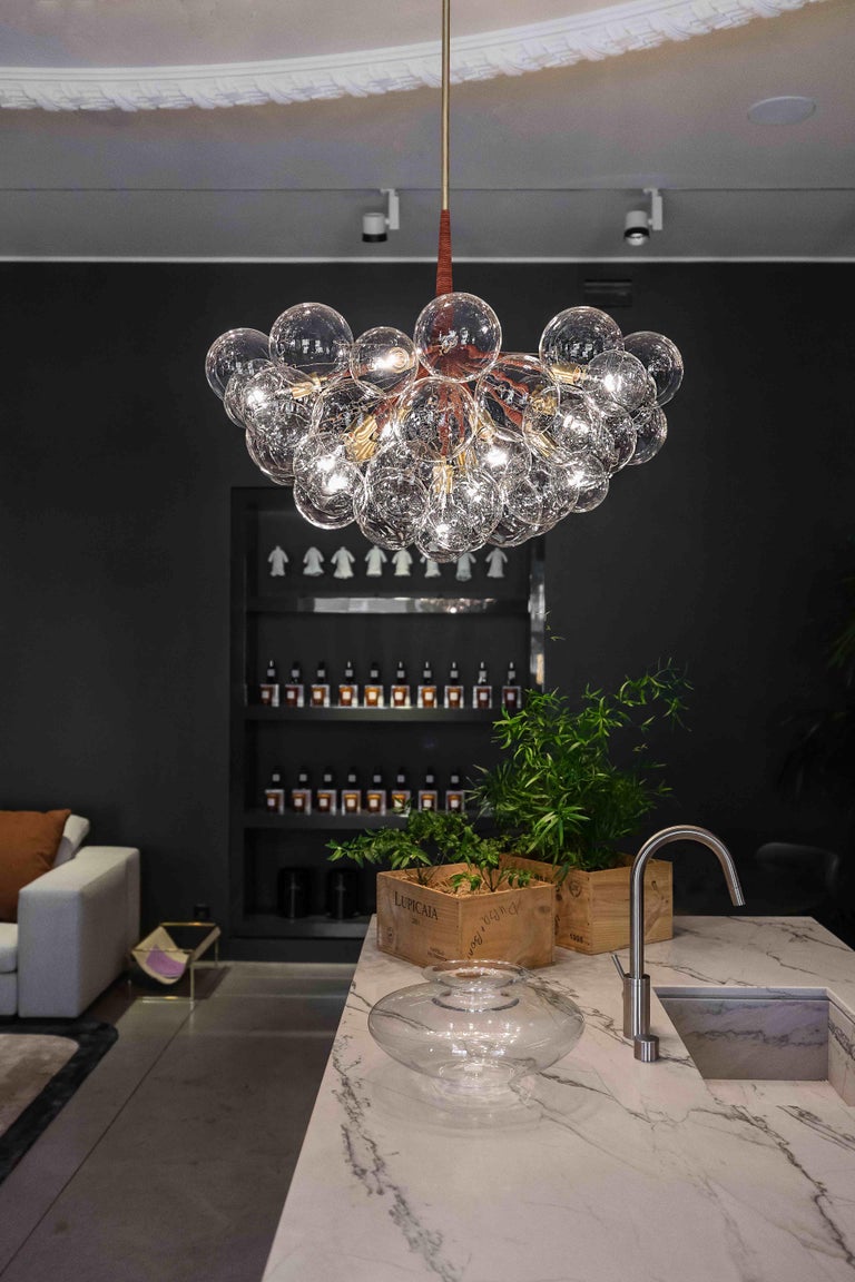 Supra Bubble Chandelier in Dark Brown Leather and Satin Brass by PELLE In New Condition For Sale In Brooklyn, NY