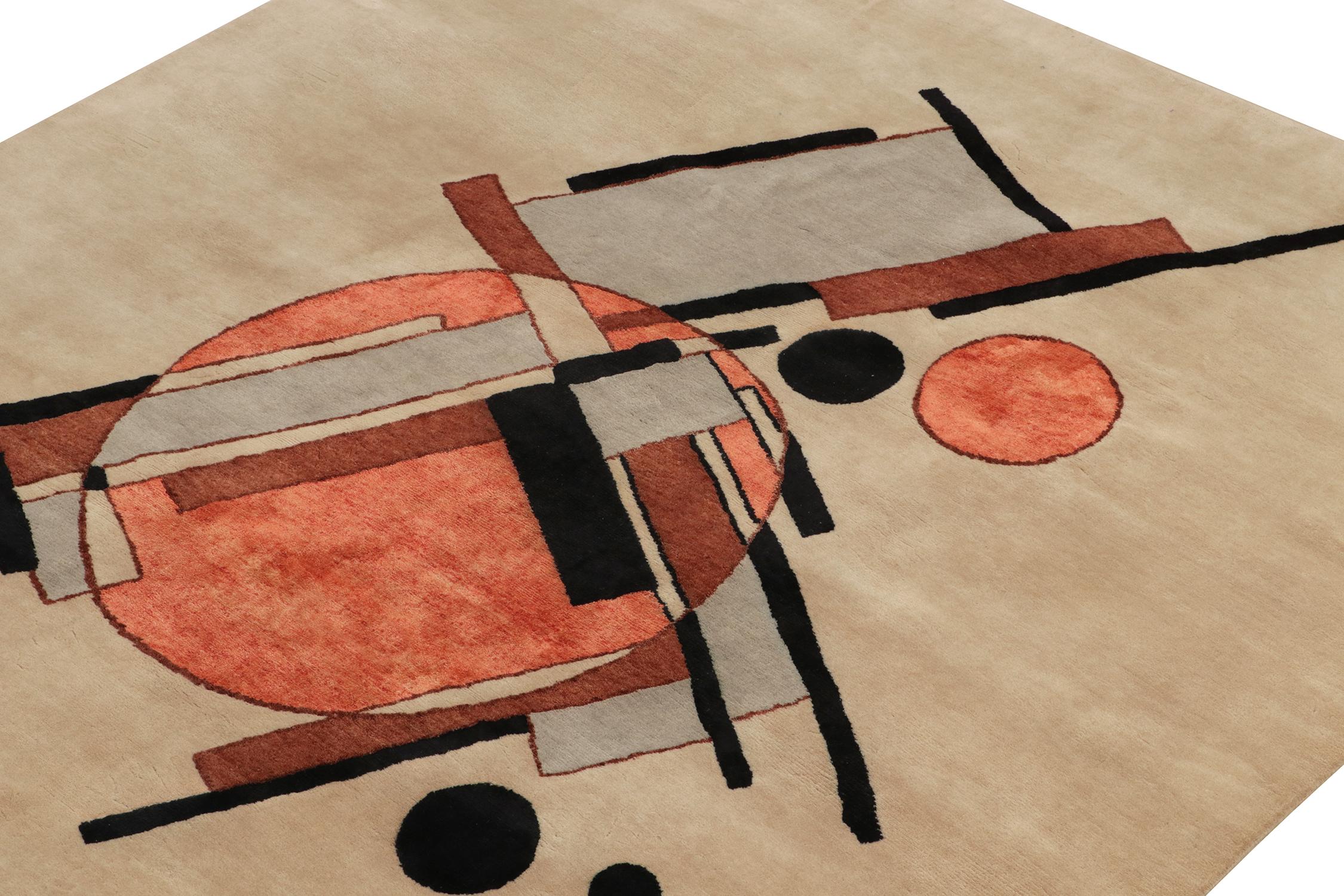 Indian Rug & Kilim's Suprematist Style Deco Square Rug in Beige-Brown Black & Orange For Sale