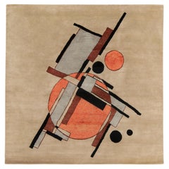 Tapis carré de style suprématiste et déco de Kilim en beige-marron, noir et orange