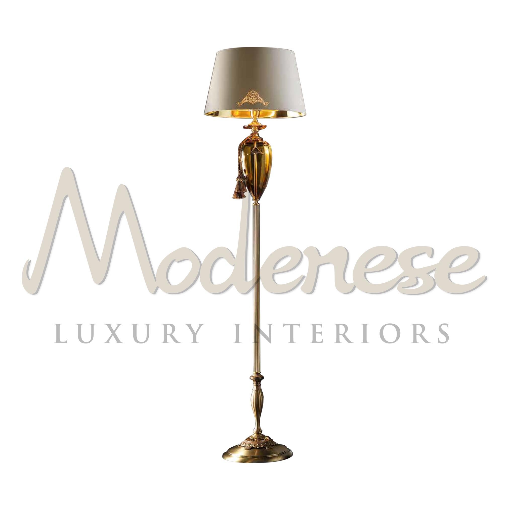 This rich floor lamp is crowned with a stylish decorative brass frame and beautifully complement all models of this collection: gold satin brass, amber crystal details are the characters of this piece. This model requires 1 single E27 screw fit