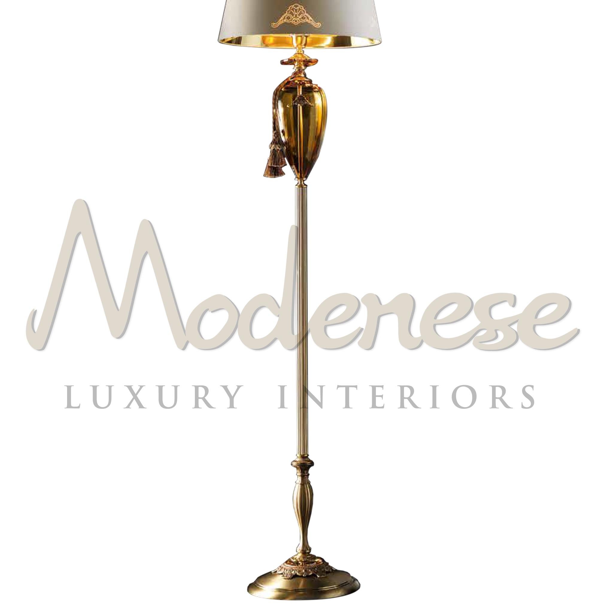 Italian Supreme 1-Light Floor Lamp Adorned by Gold Satin Brass Finishing & Amber Crystal For Sale