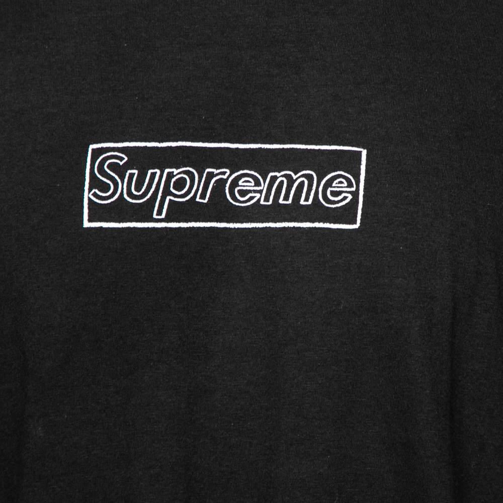 Men's Supreme Black Cotton Logo Printed Crew Neck T-Shirt L