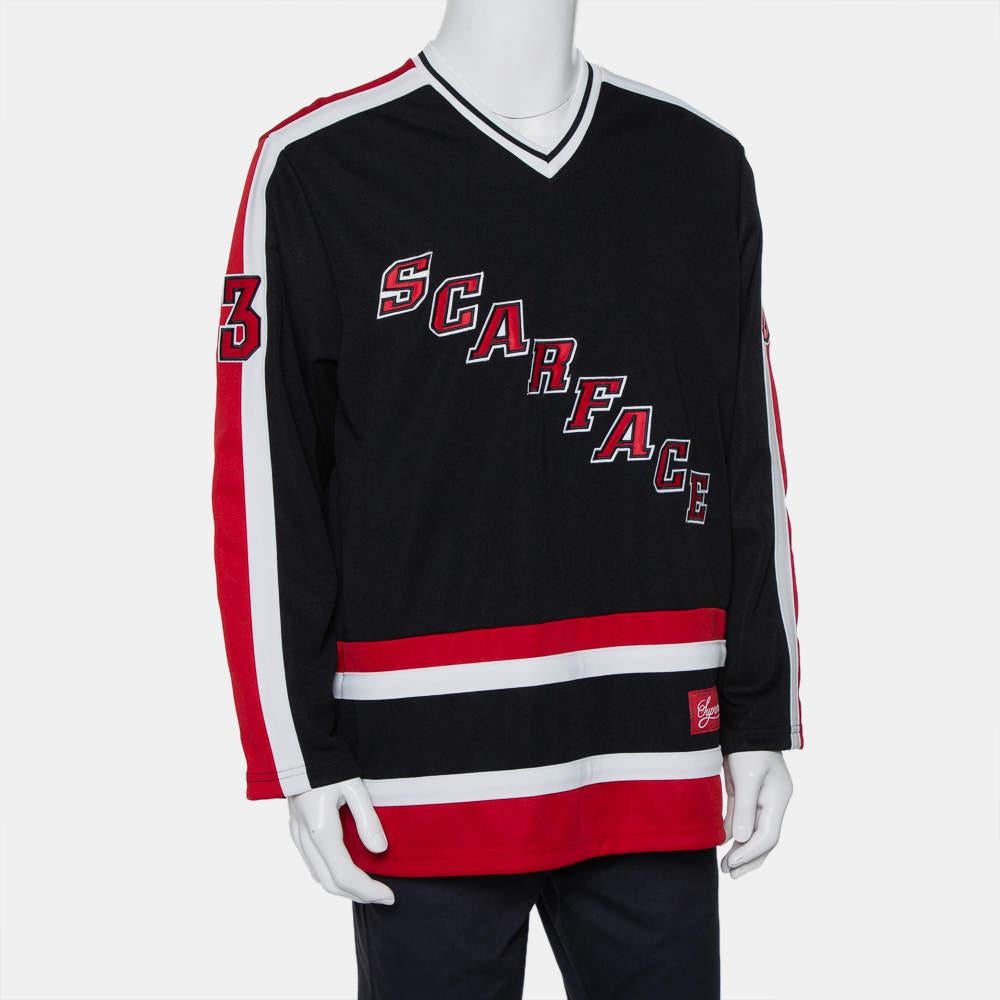 From the Supreme X Scarface collaboration  this hockey jersey is for sports  cinema  and Al Pacino lovers. Made from quality fabric  it is detailed with a paneled design in multiple hues and SCARFACE lettering on the front and MONTANA at the back  a
