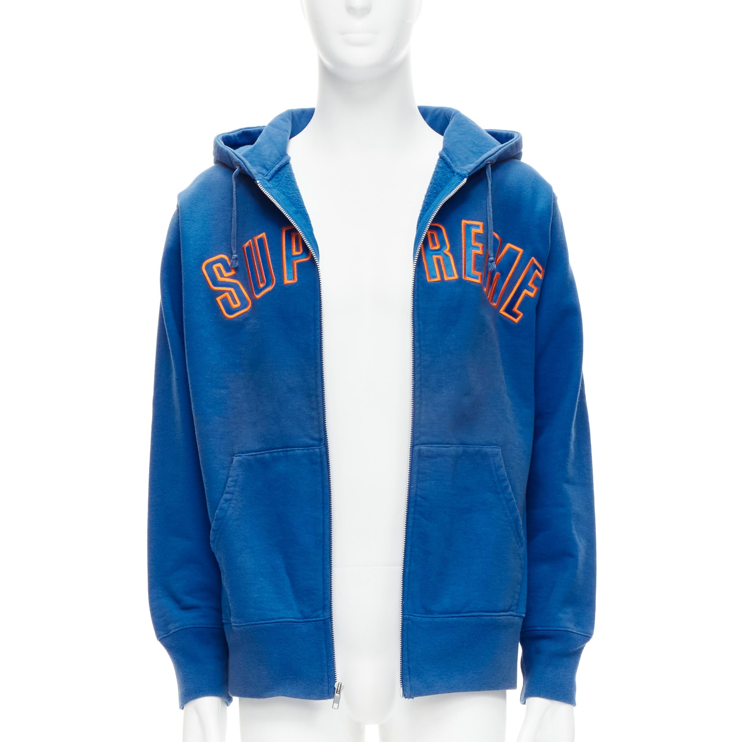 Blue SUPREME blue orange satin embroidery logo zip up hoodie M