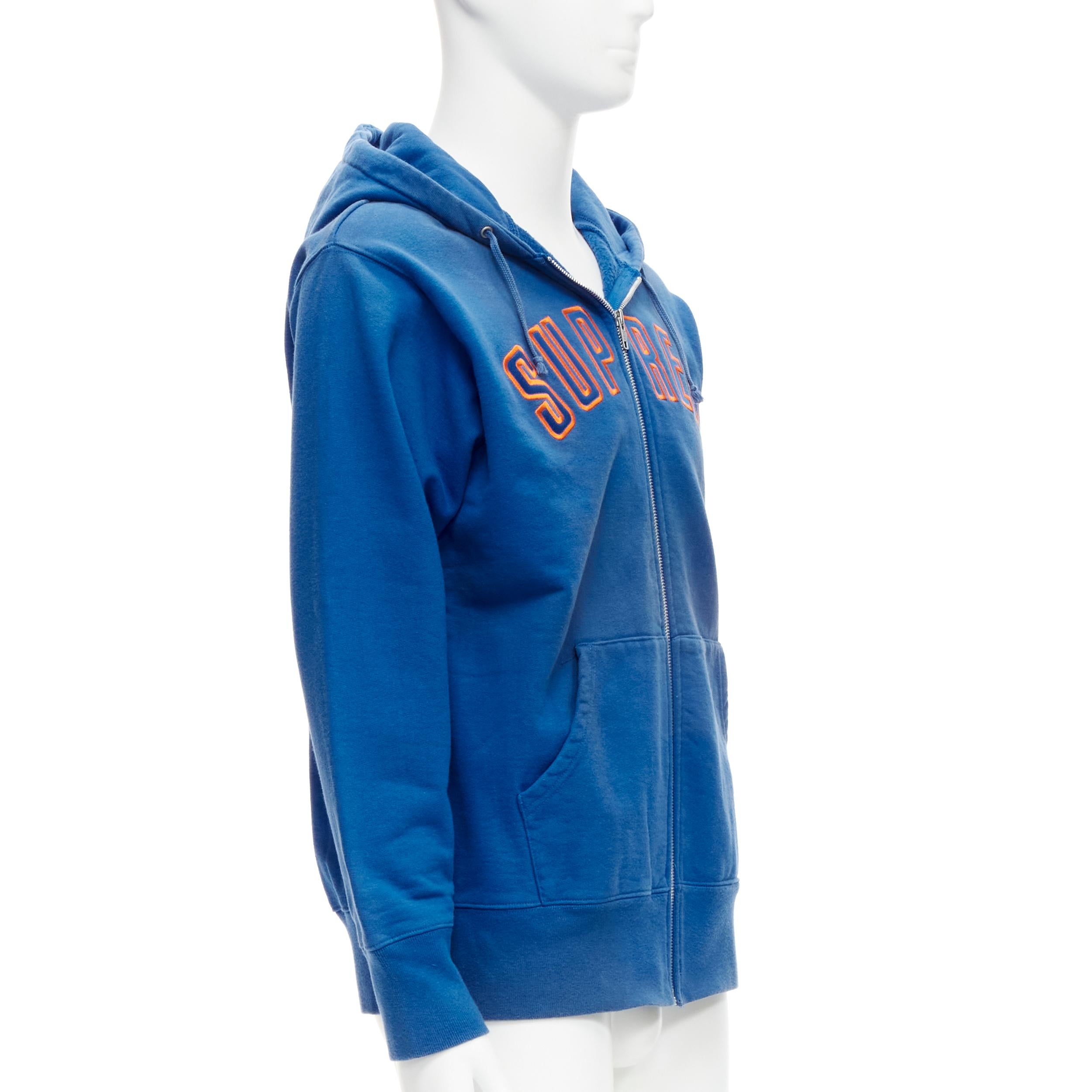 SUPREME blue orange satin embroidery logo zip up hoodie M In Good Condition For Sale In Hong Kong, NT