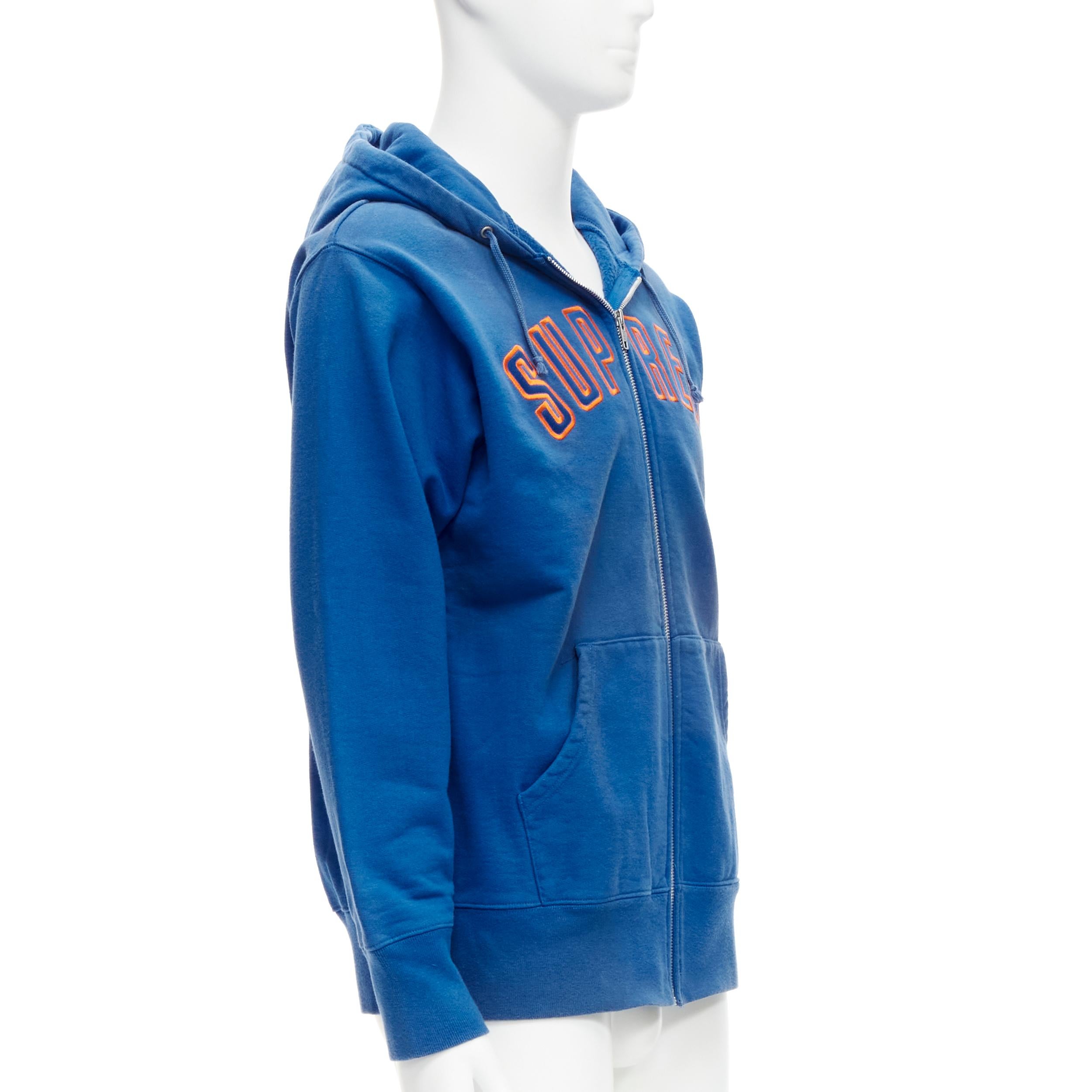 SUPREME blue orange satin embroidery logo zip up hoodie M In Good Condition In Hong Kong, NT