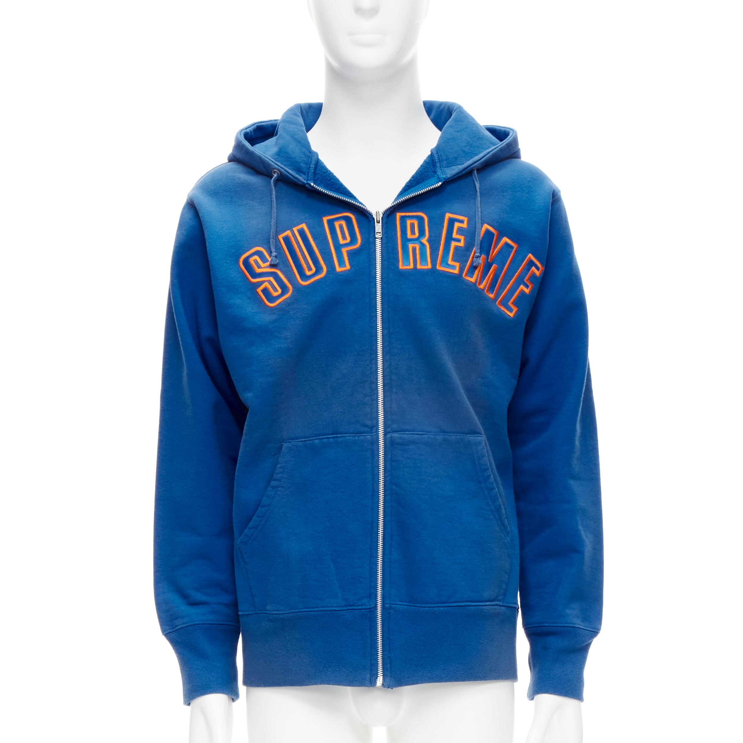 SUPREME blue orange satin embroidery logo zip up hoodie M For Sale