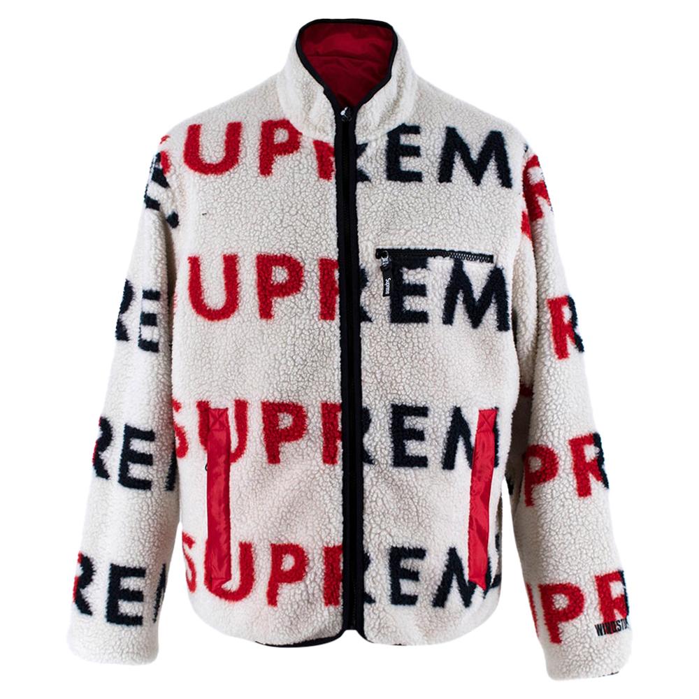 Supreme Cream/Red Fleece Logo Reversible Jacket - Size M at 1stDibs