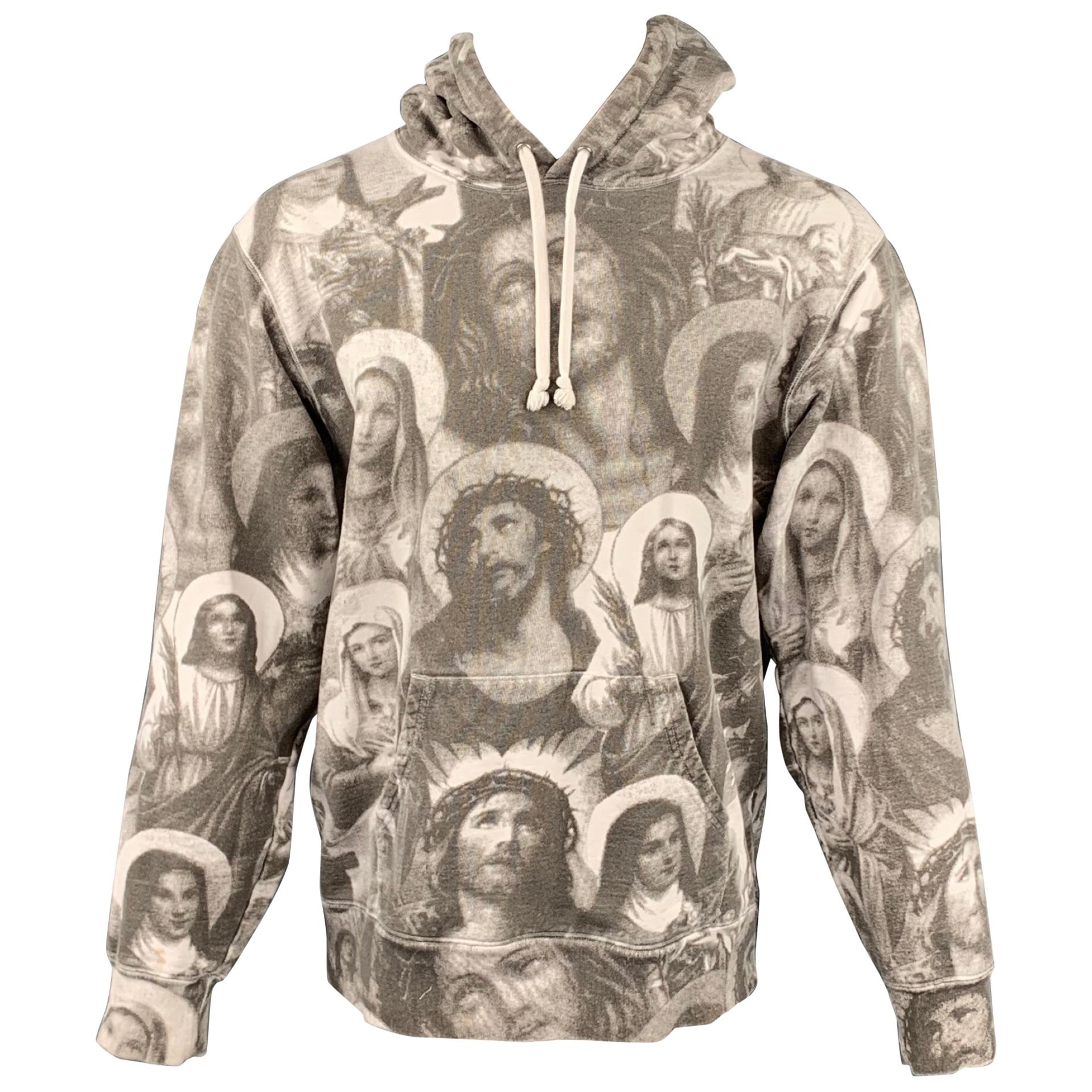 SUPREME FW 18 Jesus and Mary Size L Grey and White Cotton Hooded Sweatshirt  For Sale at 1stDibs